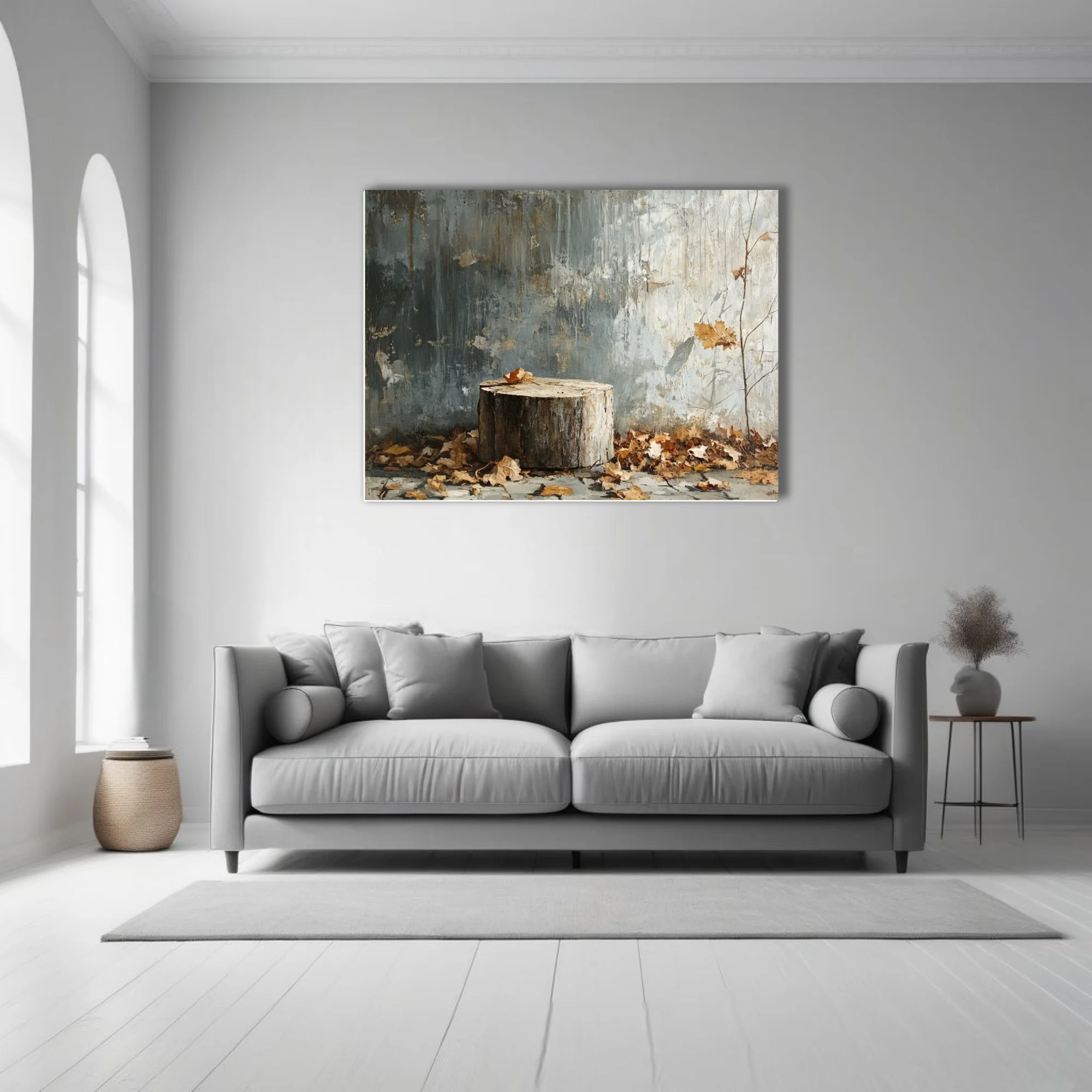 Autumn still life — weathered stump, dry leaves, distressed wall, muted gray palette