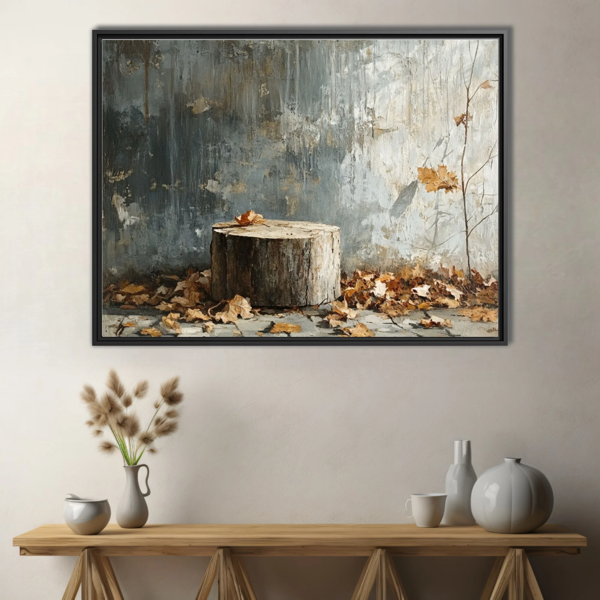 Autumn still life — weathered stump, dry leaves, distressed wall, muted gray palette
