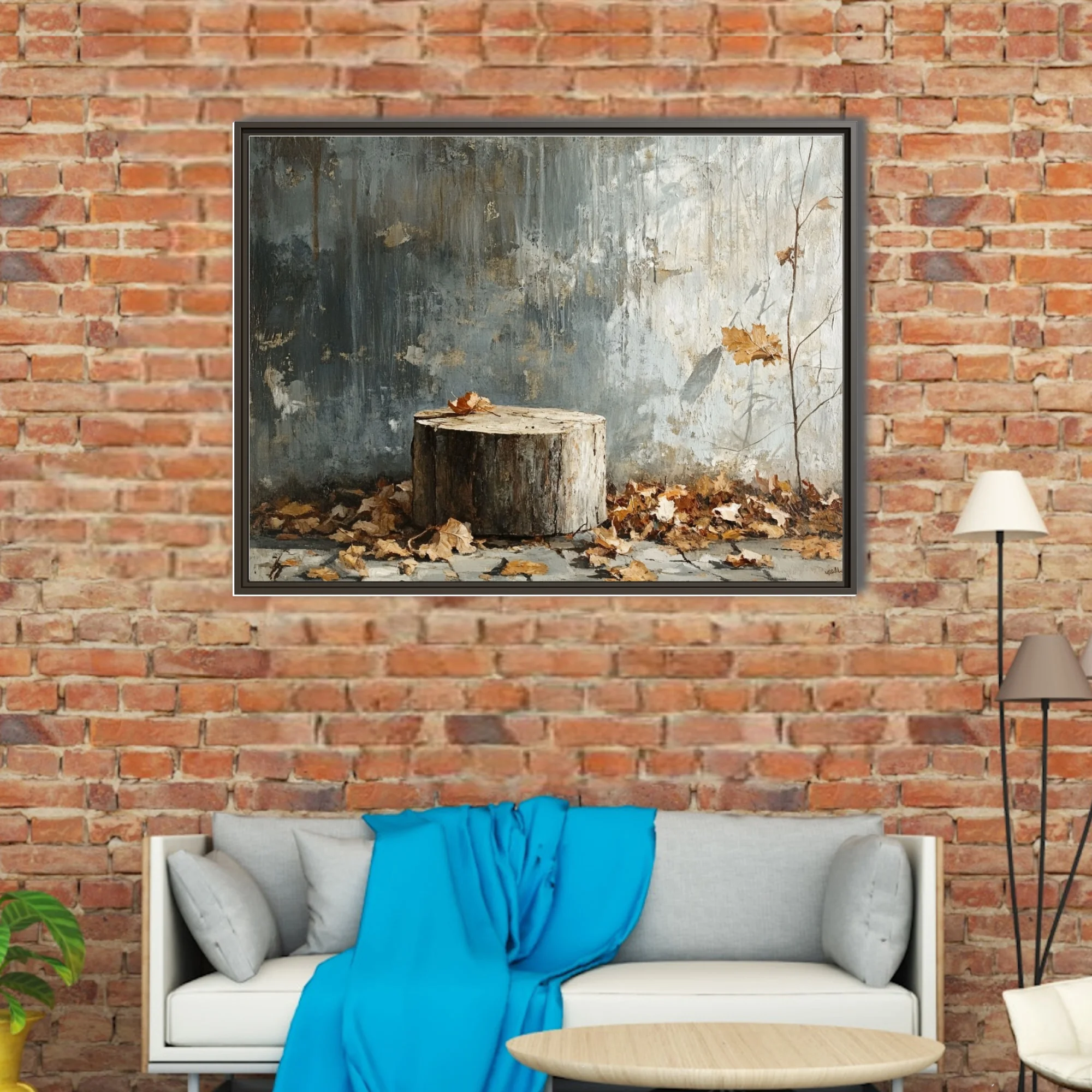 Autumn still life — weathered stump, dry leaves, distressed wall, muted gray palette
