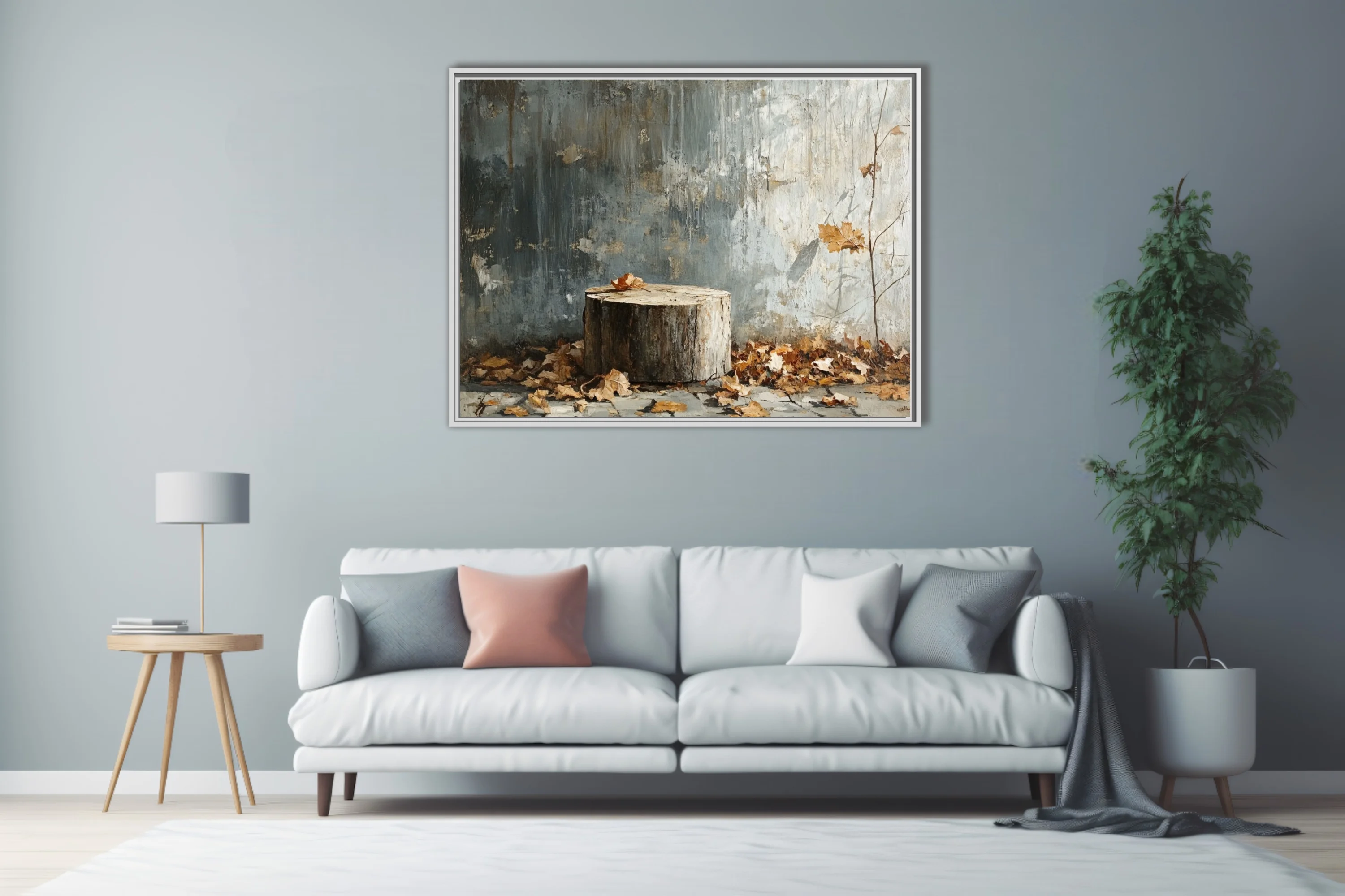 Autumn still life — weathered stump, dry leaves, distressed wall, muted gray palette