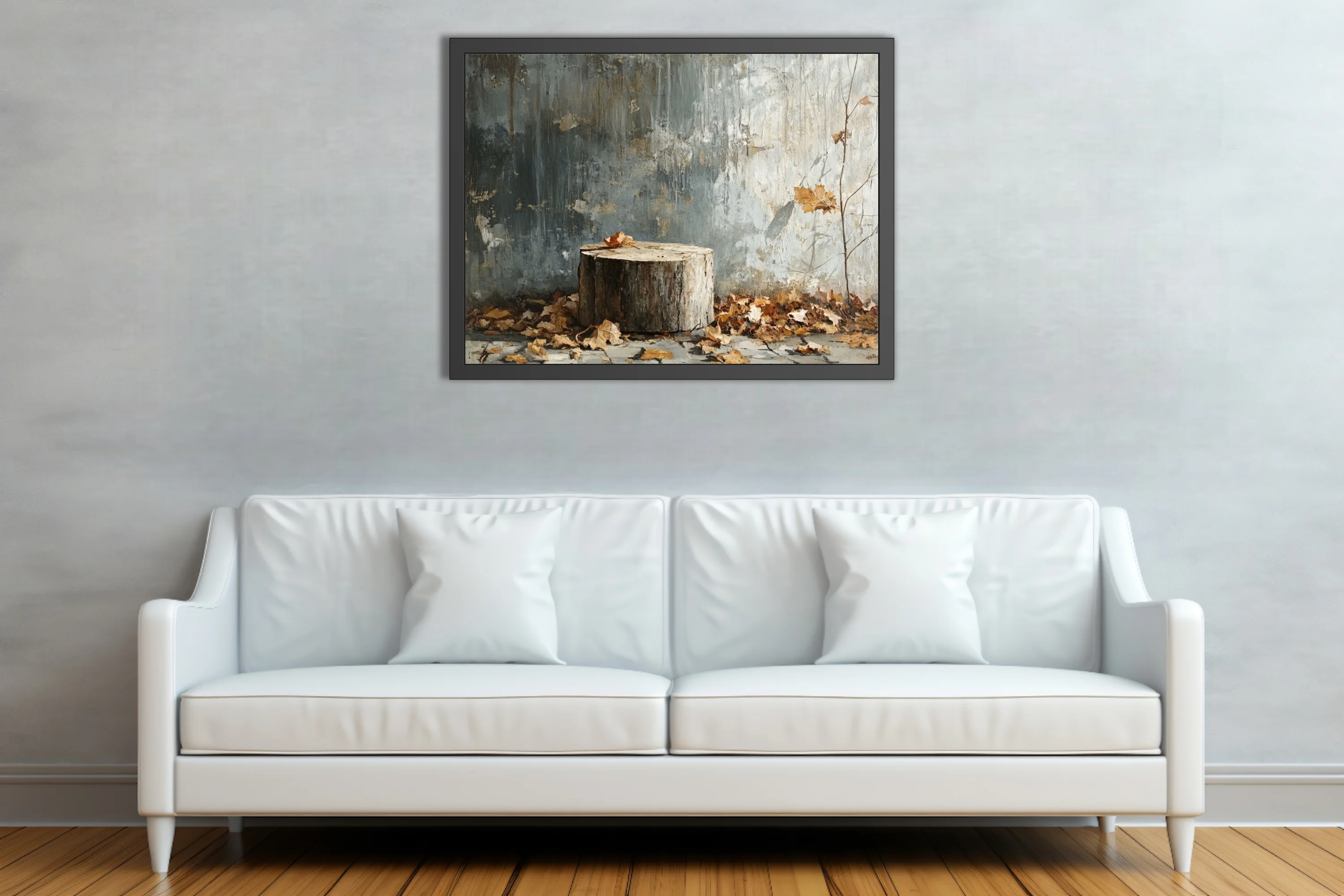 Autumn still life — weathered stump, dry leaves, distressed wall, muted gray palette