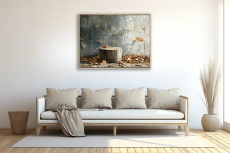 Autumn still life — weathered stump, dry leaves, distressed wall, muted gray palette