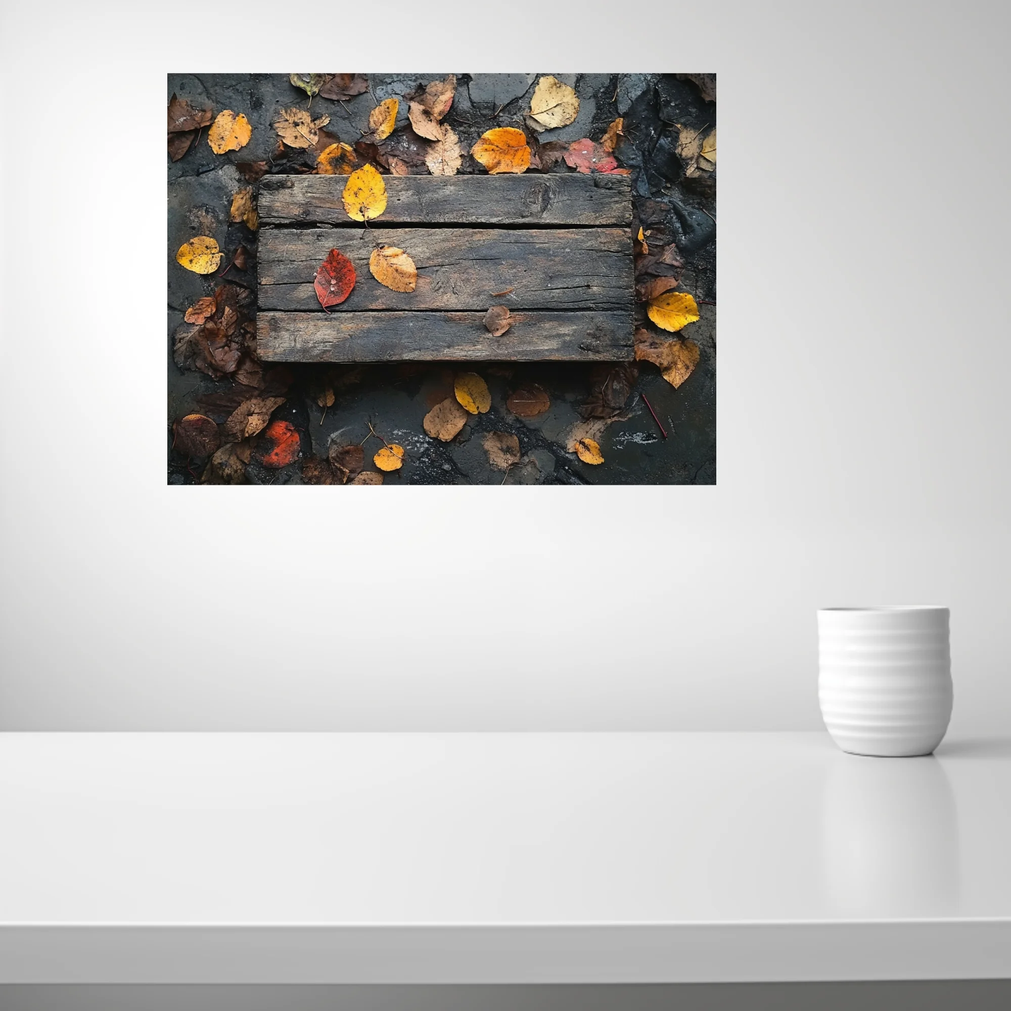 Rustic weathered wood planks with scattered autumn leaves in amber and red tones