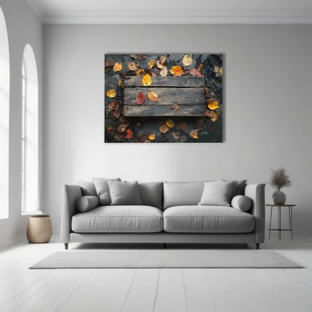Rustic weathered wood planks with scattered autumn leaves in amber and red tones