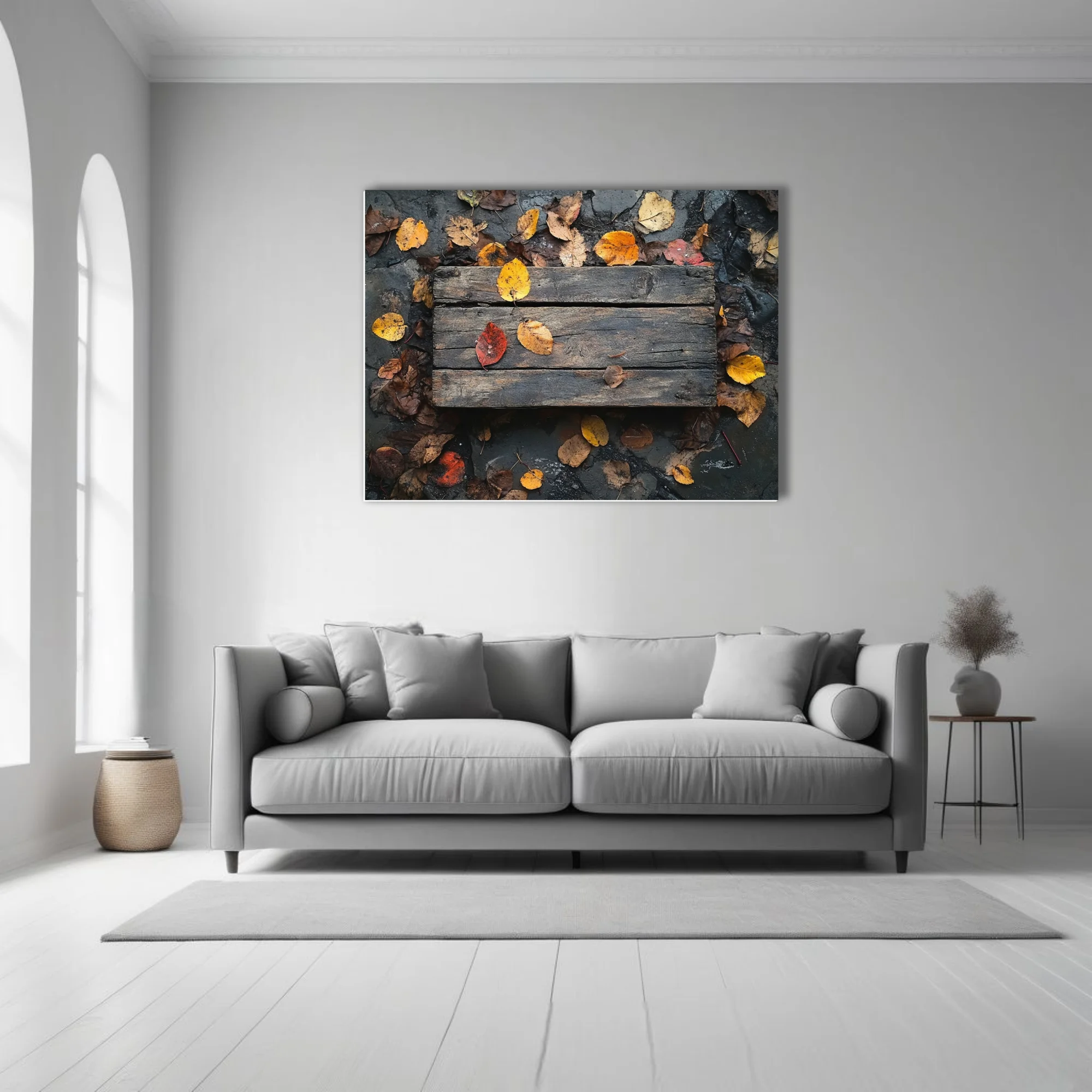 Rustic weathered wood planks with scattered autumn leaves in amber and red tones