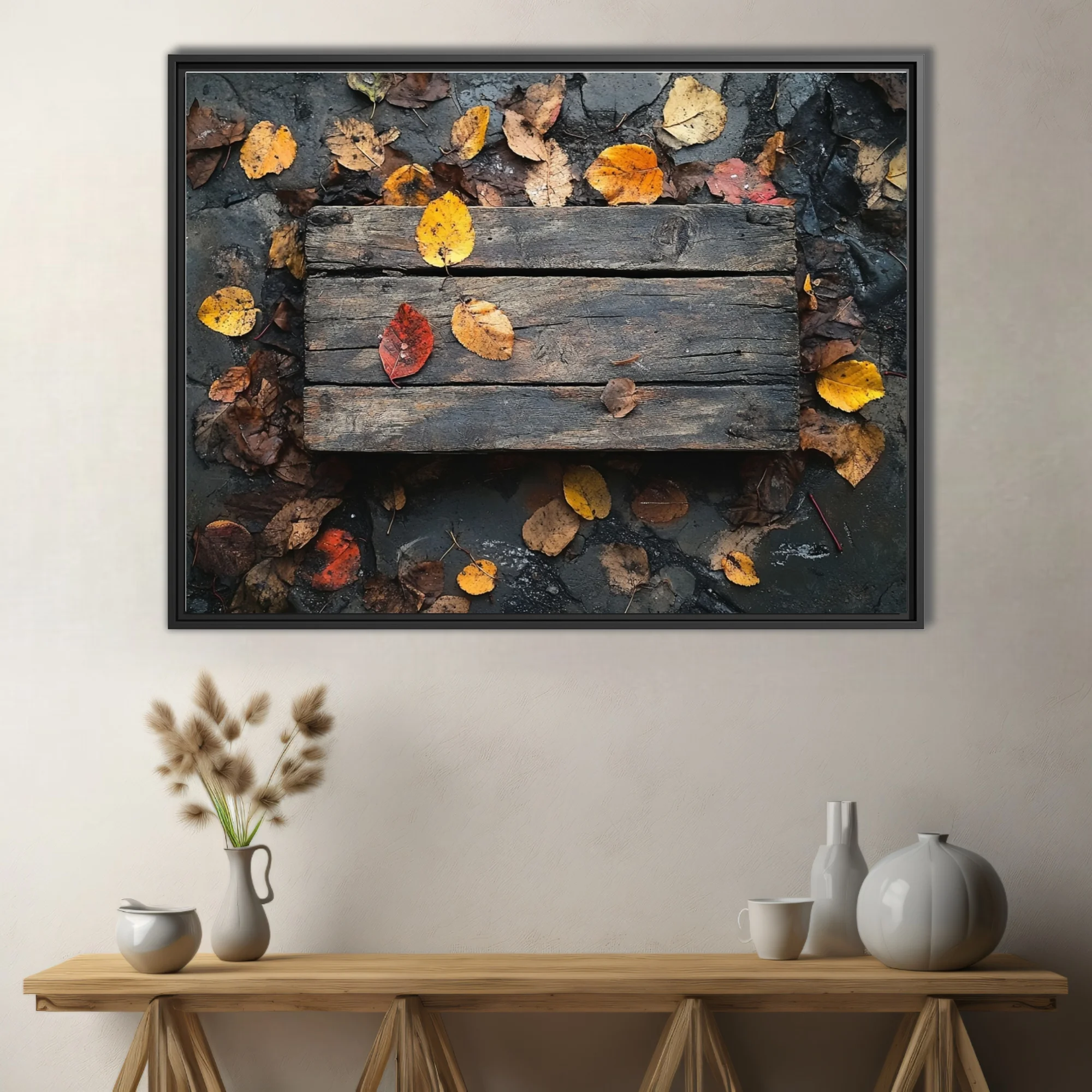 Rustic weathered wood planks with scattered autumn leaves in amber and red tones