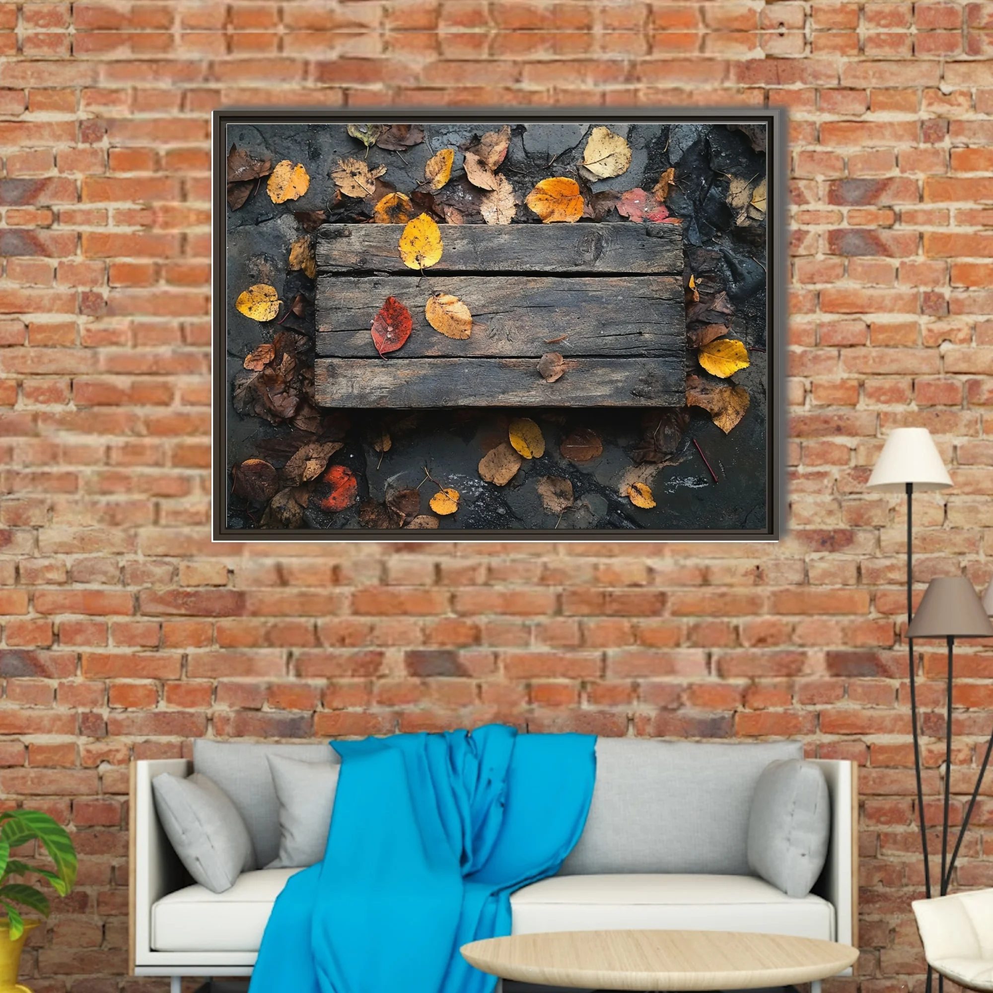 Rustic weathered wood planks with scattered autumn leaves in amber and red tones