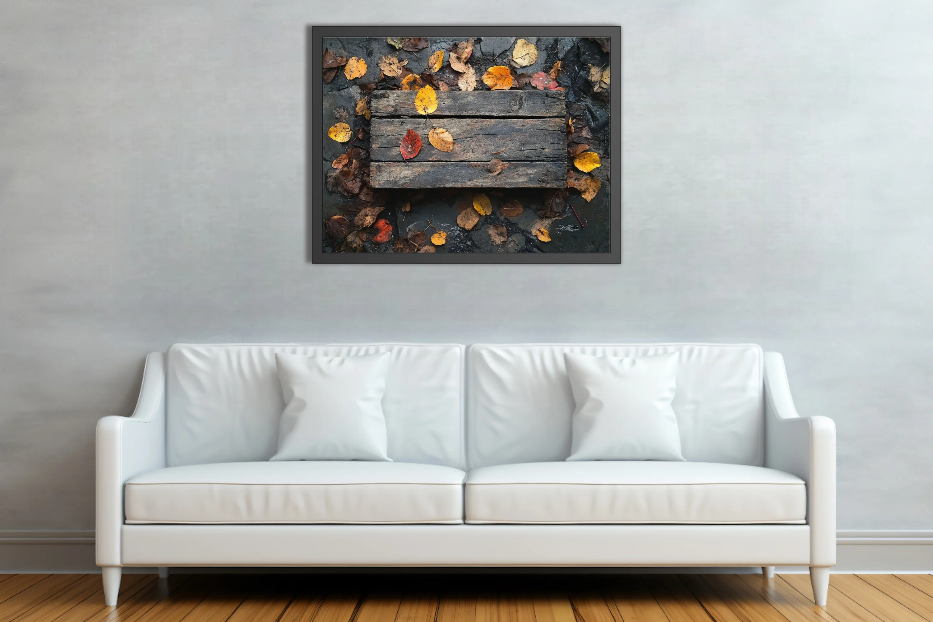 Rustic weathered wood planks with scattered autumn leaves in amber and red tones