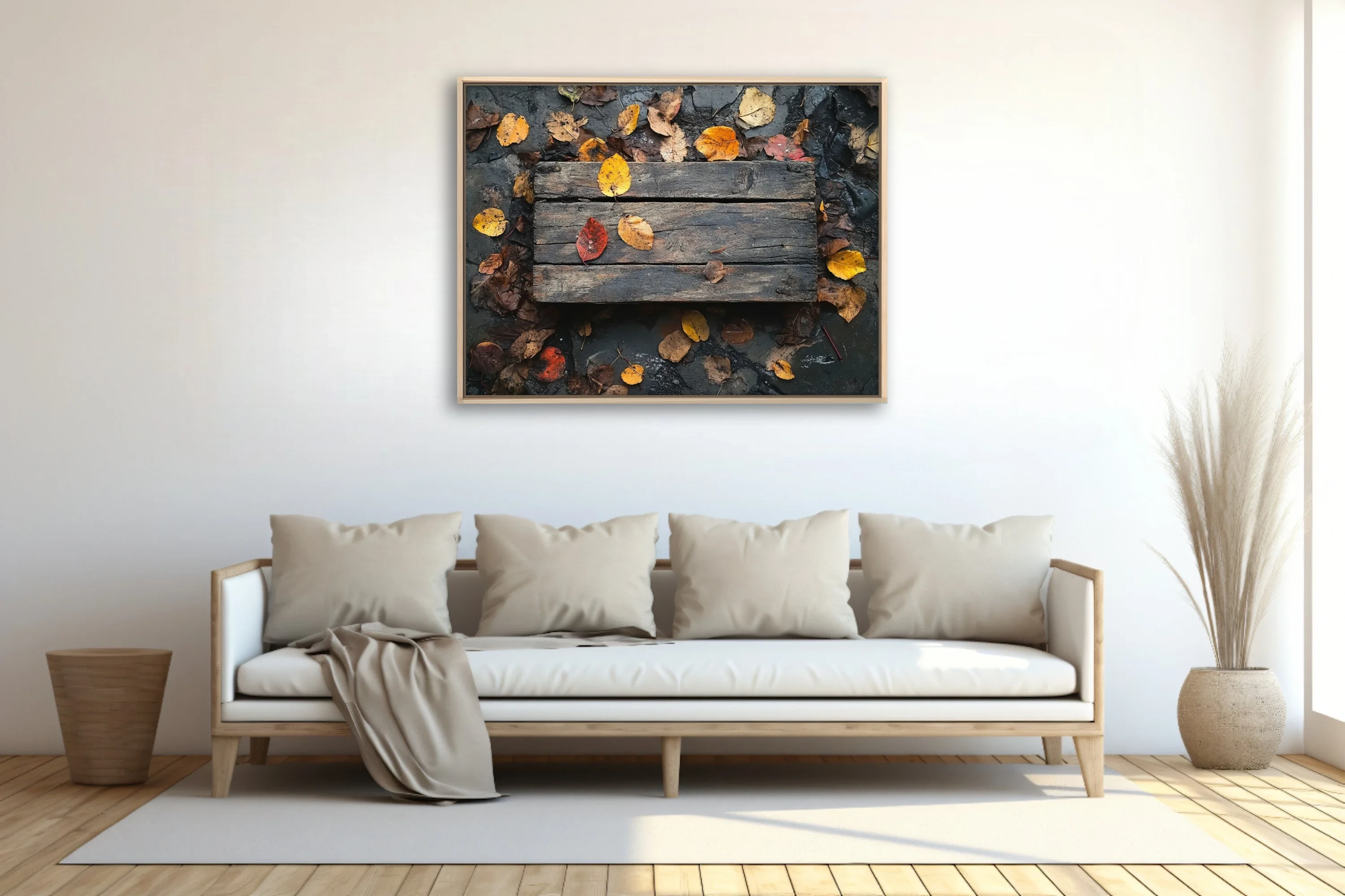 Rustic weathered wood planks with scattered autumn leaves in amber and red tones