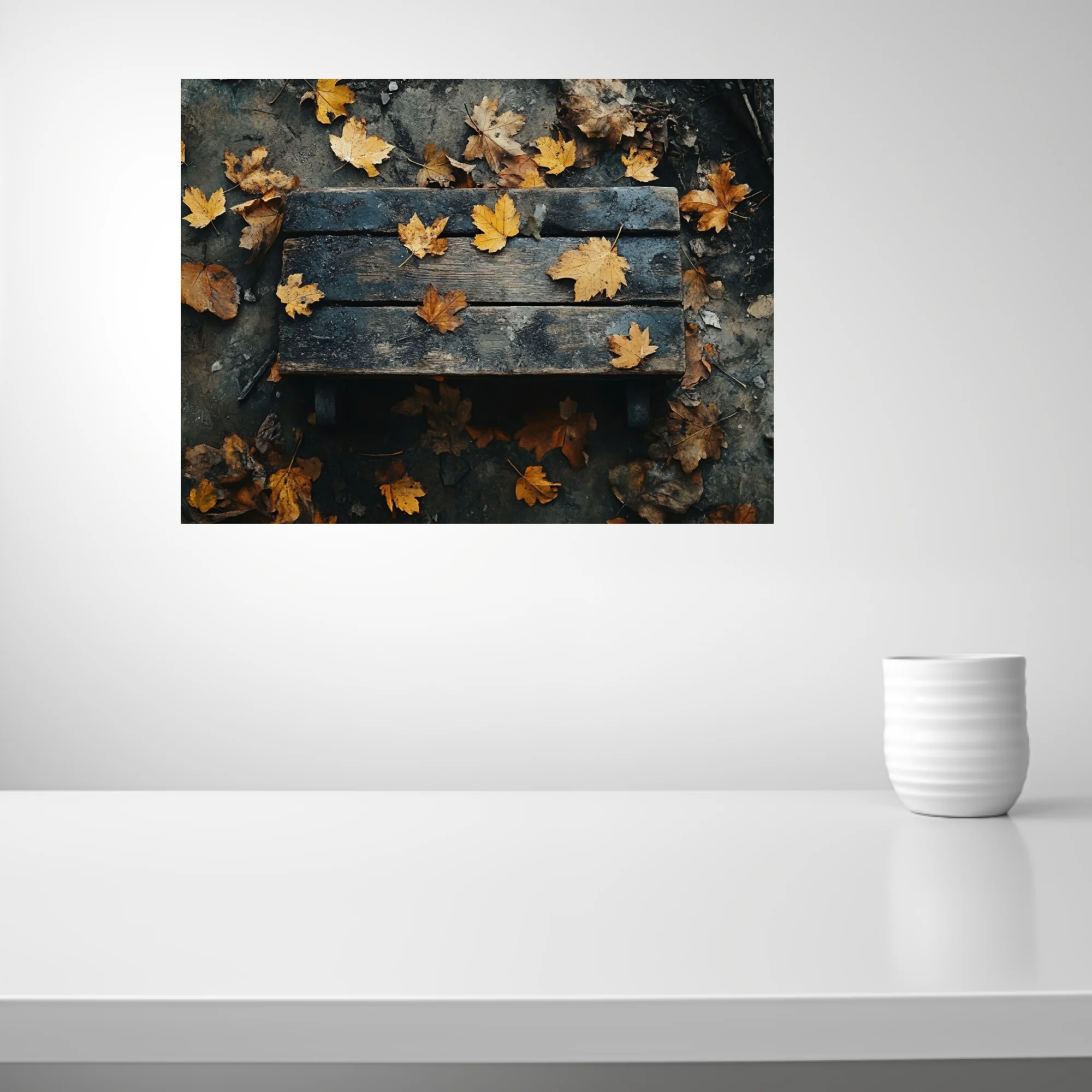 Autumn leaves on weathered wood, golden and dark moody tones
