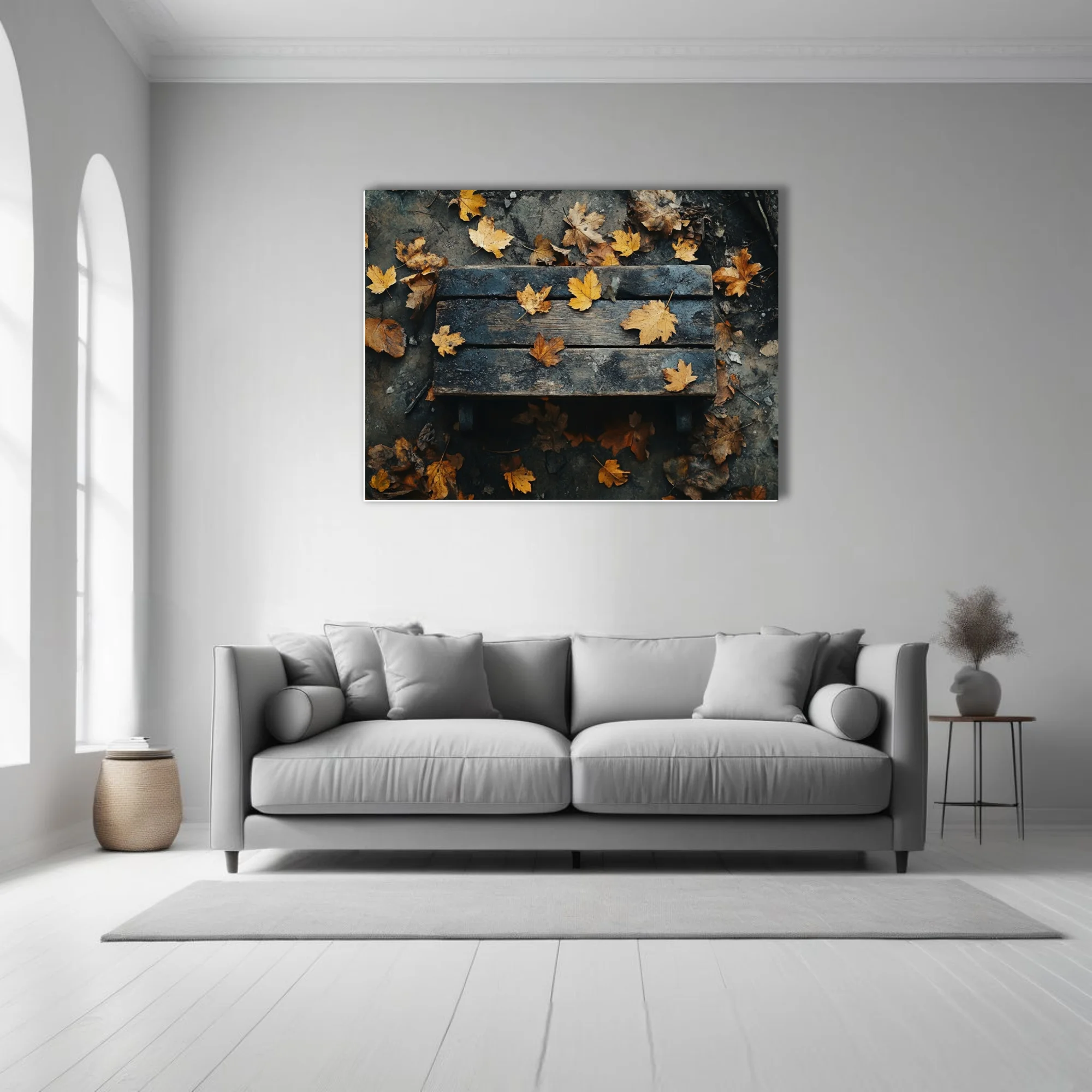 Autumn leaves on weathered wood, golden and dark moody tones