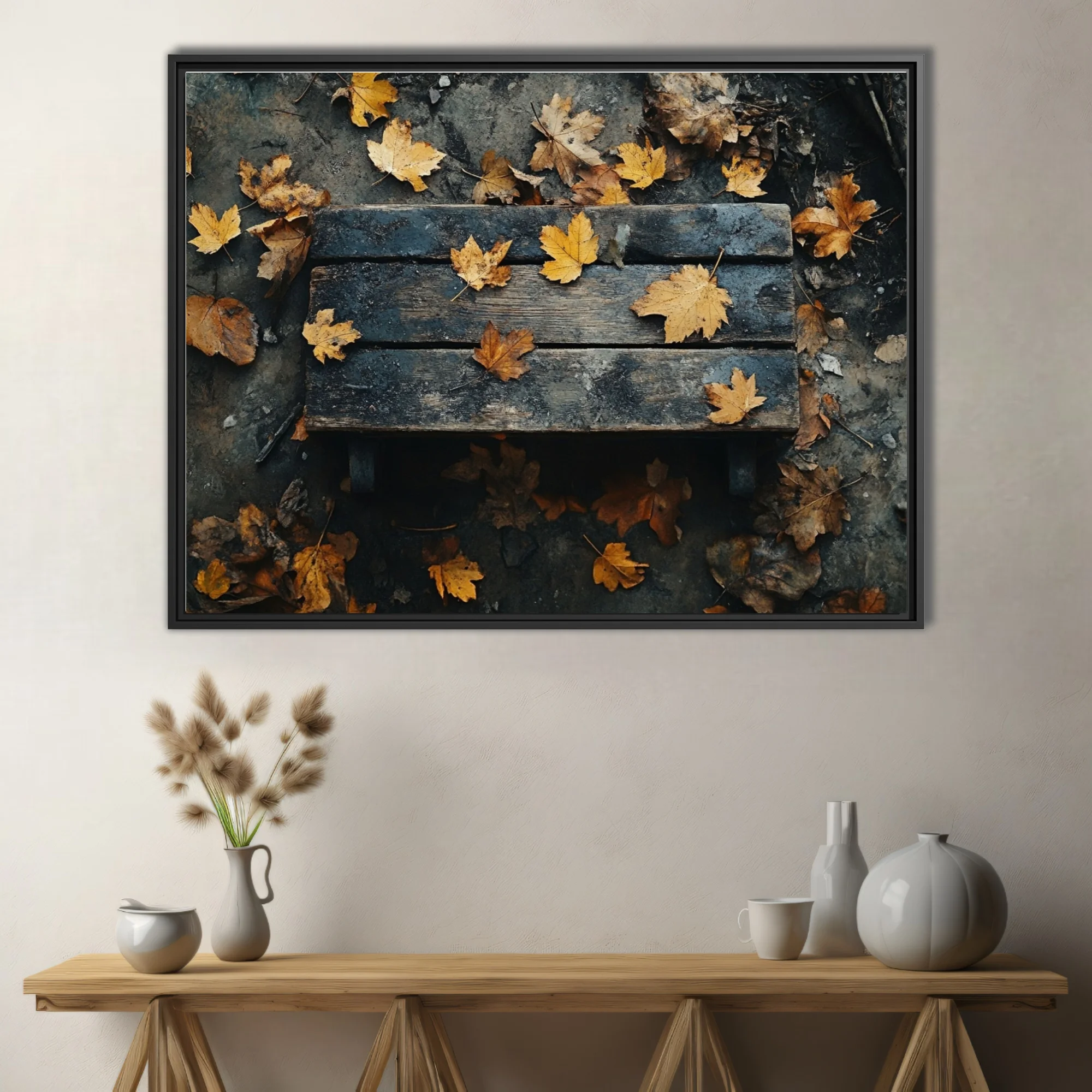 Autumn leaves on weathered wood, golden and dark moody tones
