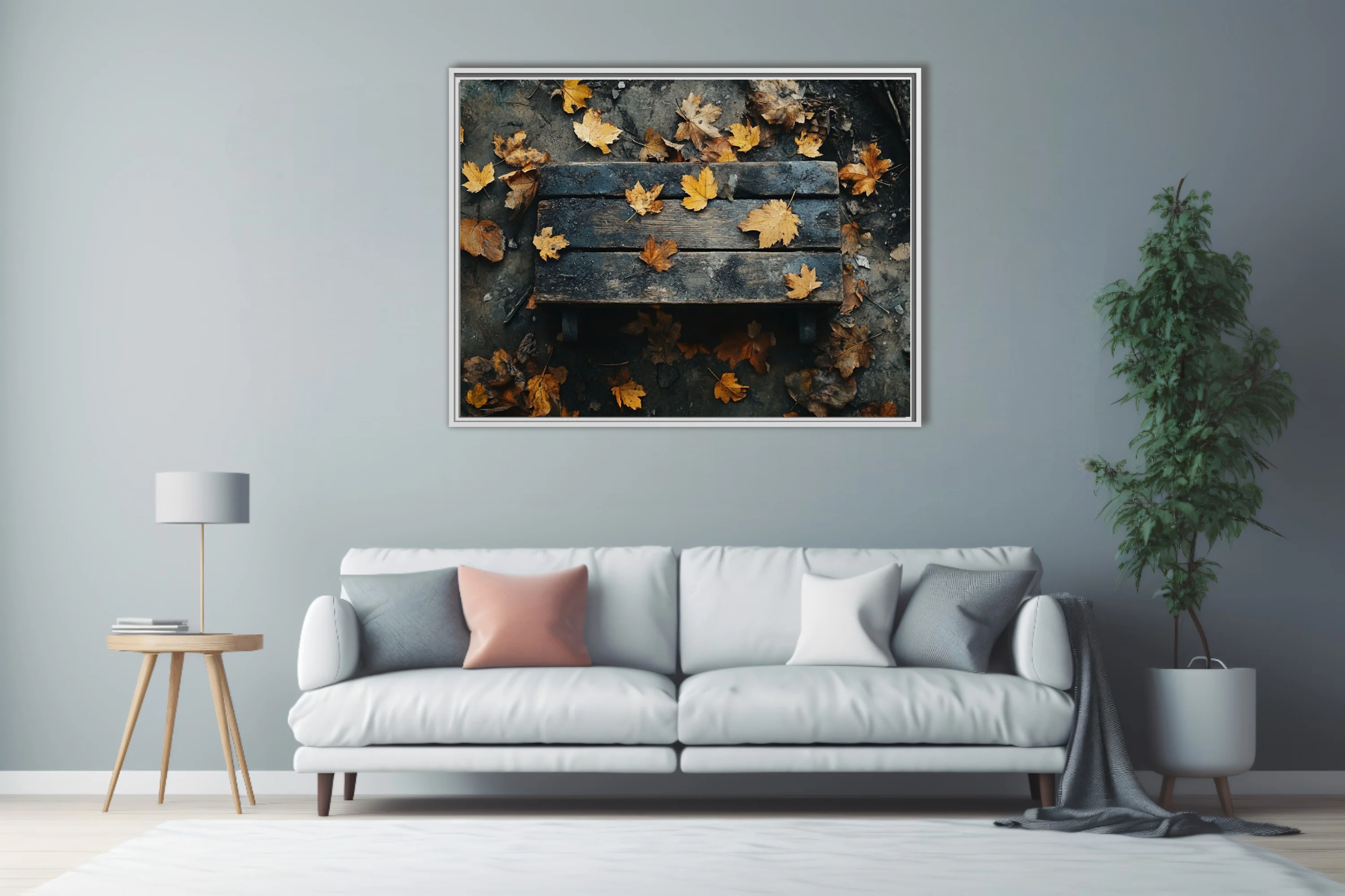 Autumn leaves on weathered wood, golden and dark moody tones
