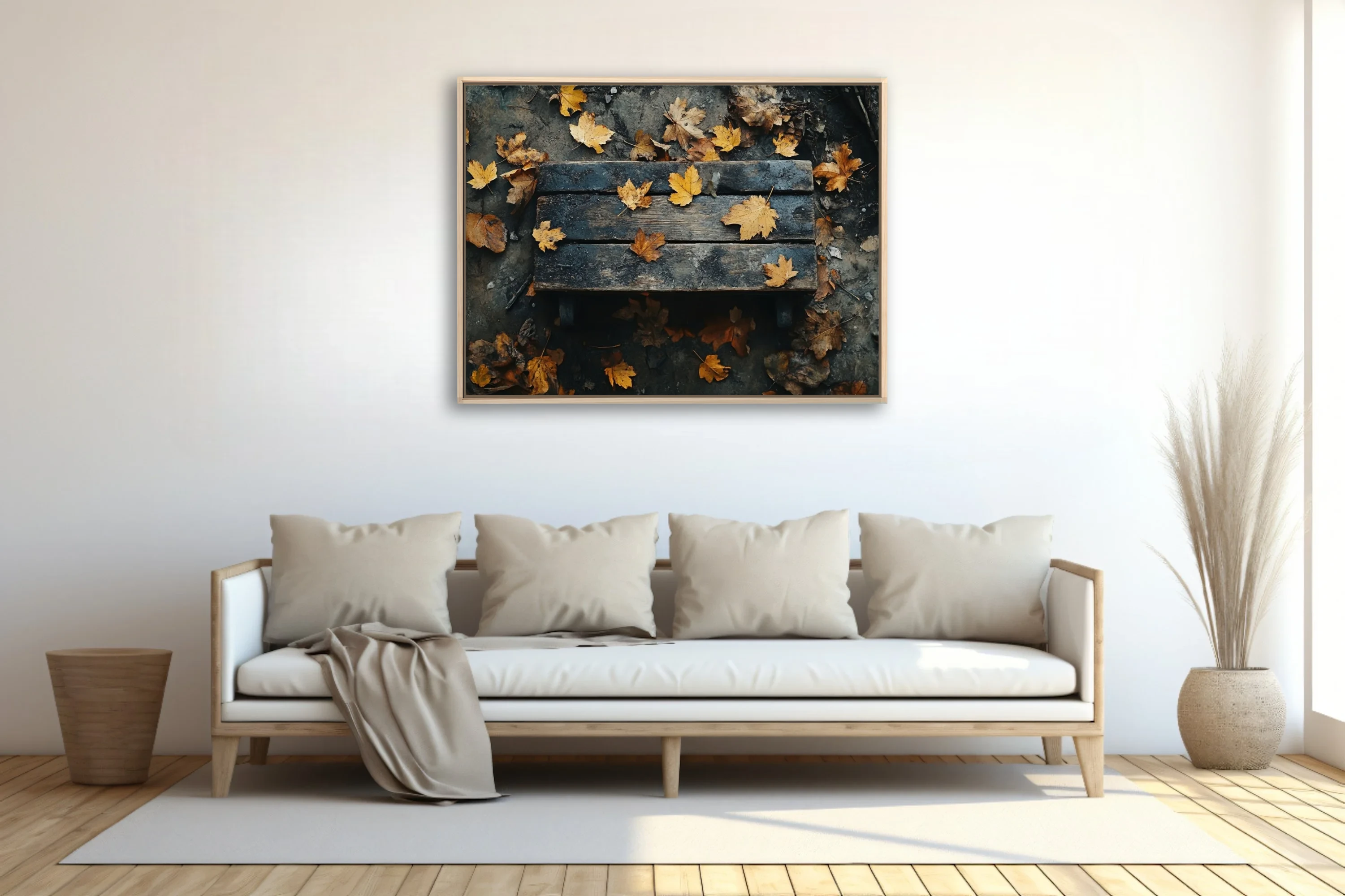Autumn leaves on weathered wood, golden and dark moody tones