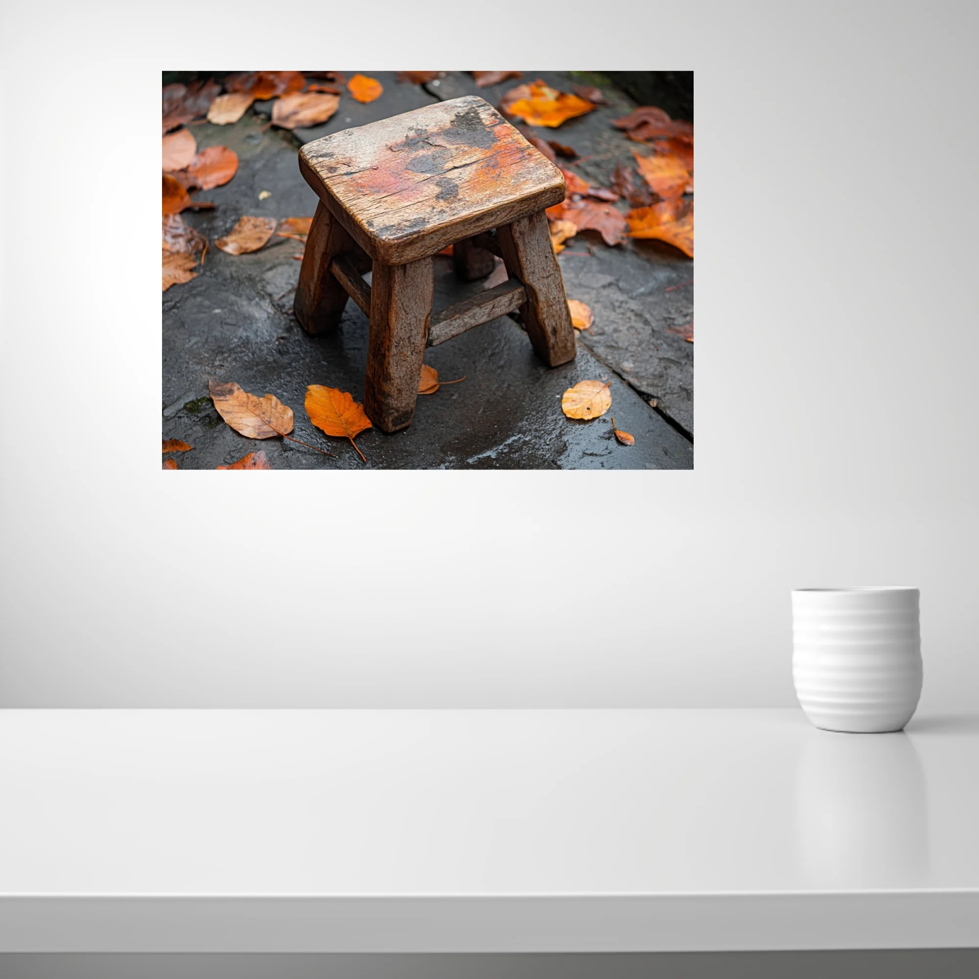 Rustic weathered wooden stool on wet stone surrounded by autumn leaves
