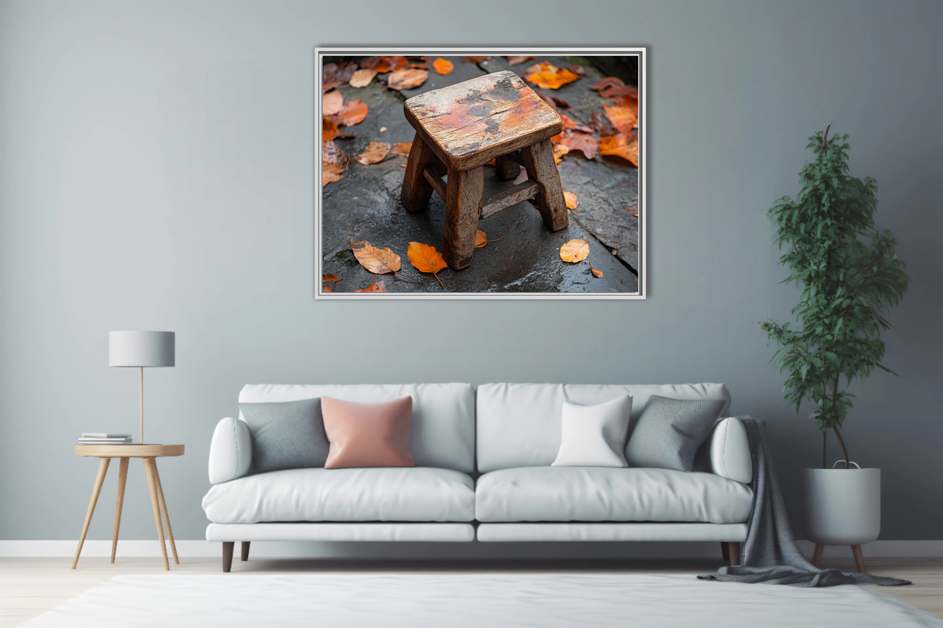 Rustic weathered wooden stool on wet stone surrounded by autumn leaves