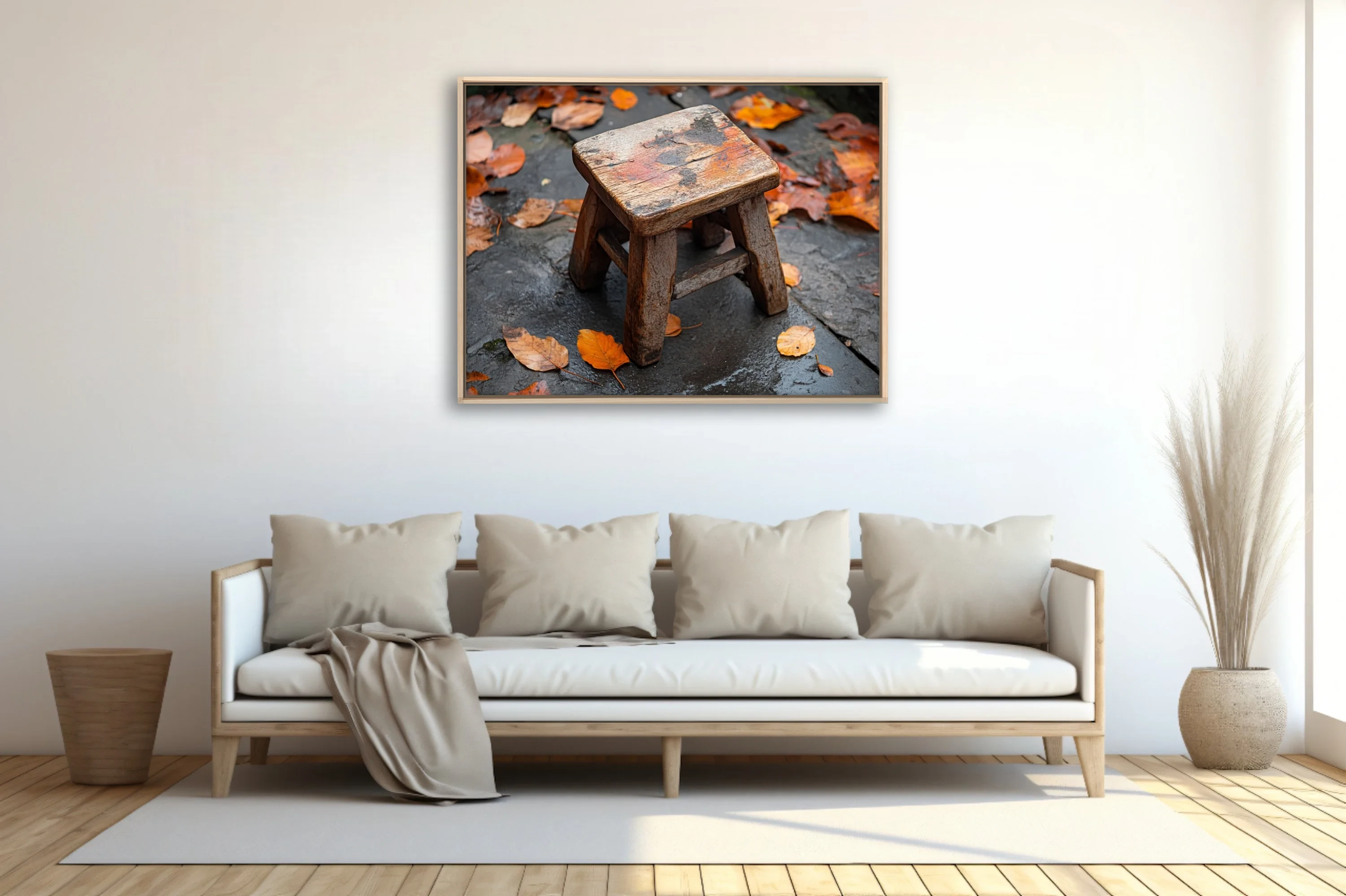 Rustic weathered wooden stool on wet stone surrounded by autumn leaves