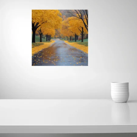 Rainy autumn path lined with golden yellow trees and fallen leaves