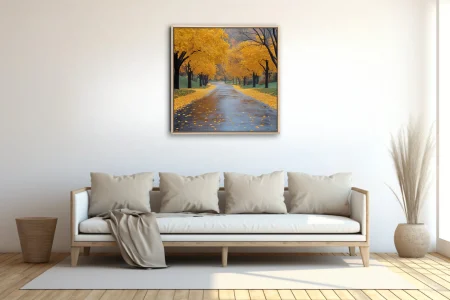 Rainy autumn path lined with golden yellow trees and fallen leaves