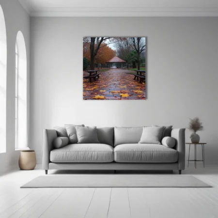 Rainy autumn park path with fallen leaves, picnic tables, and a gazebo in muted amber and grey