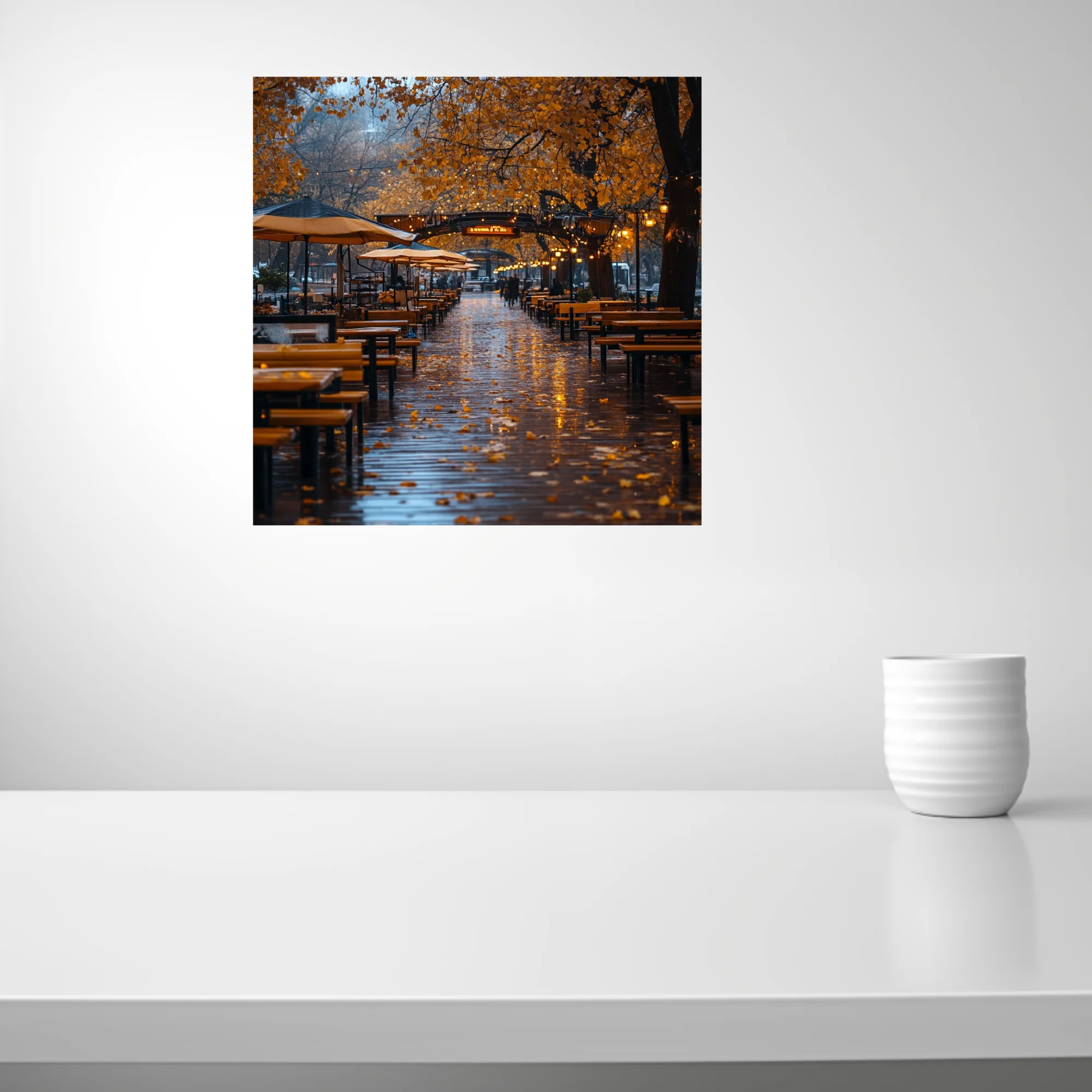 Rainy autumn evening outdoor terrace with golden foliage and warm string lights