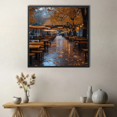 Rainy autumn evening outdoor terrace with golden foliage and warm string lights