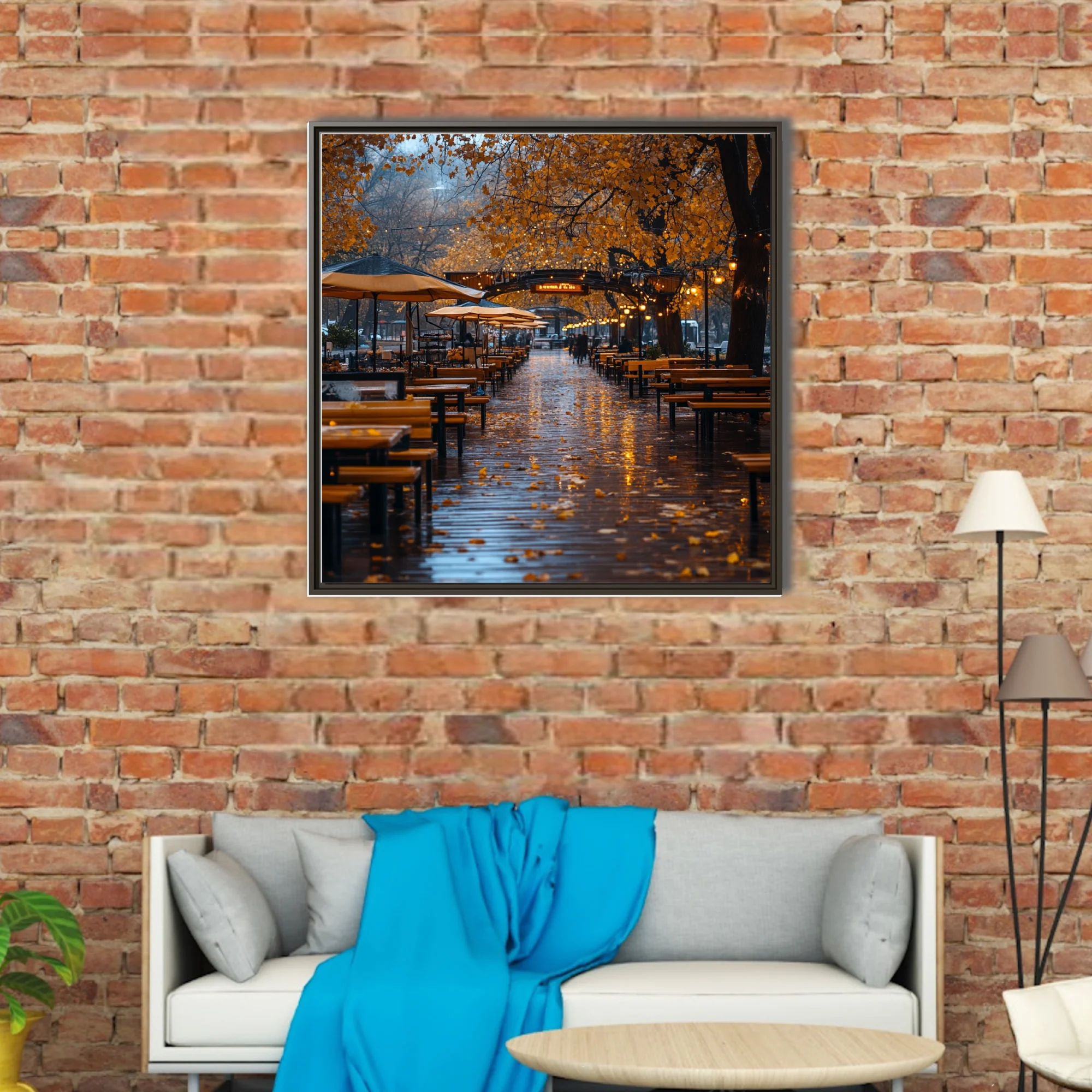 Rainy autumn evening outdoor terrace with golden foliage and warm string lights