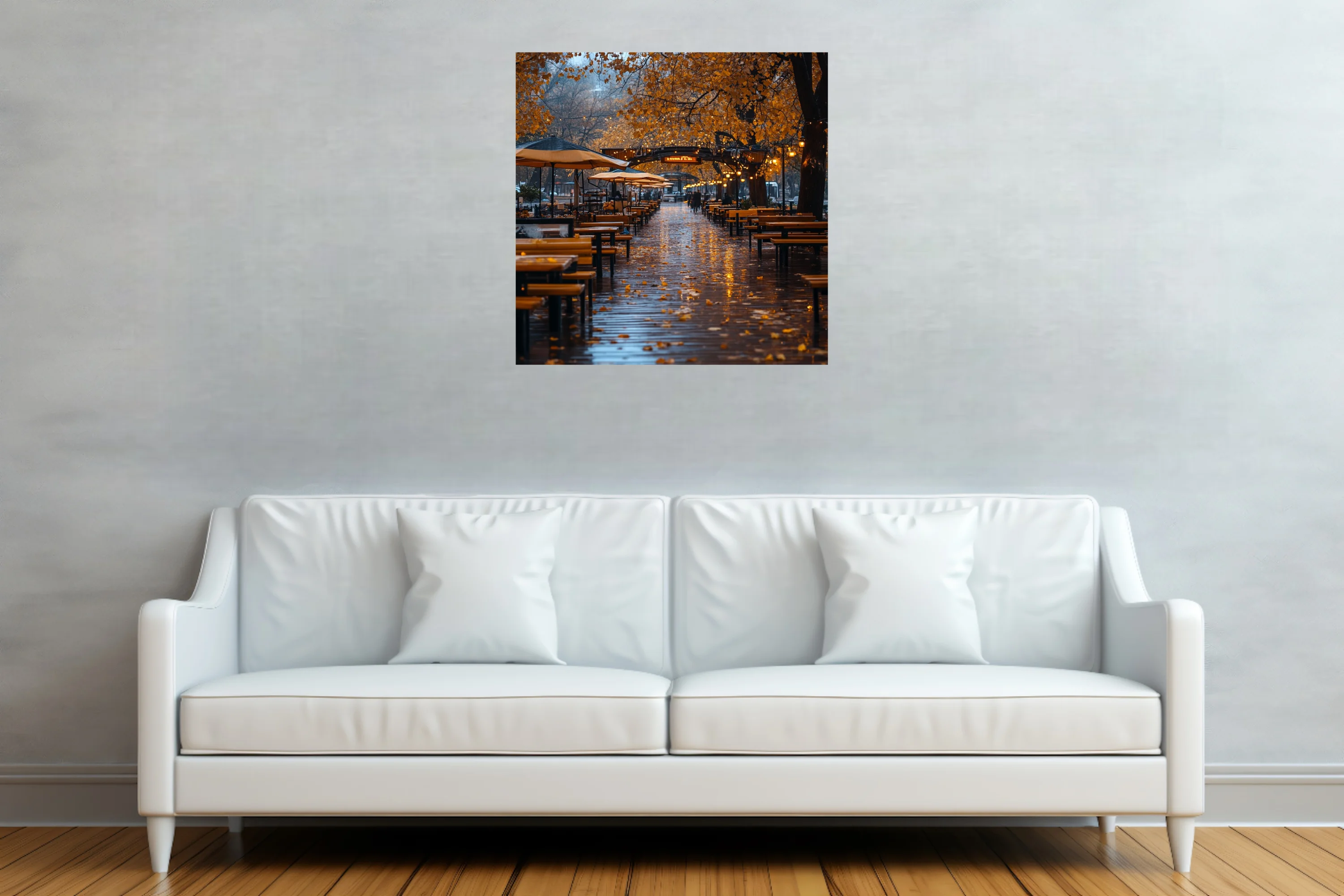 Rainy autumn evening outdoor terrace with golden foliage and warm string lights