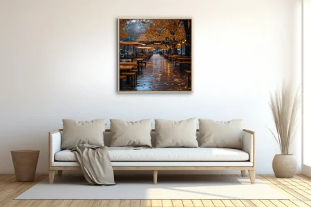 Rainy autumn evening outdoor terrace with golden foliage and warm string lights