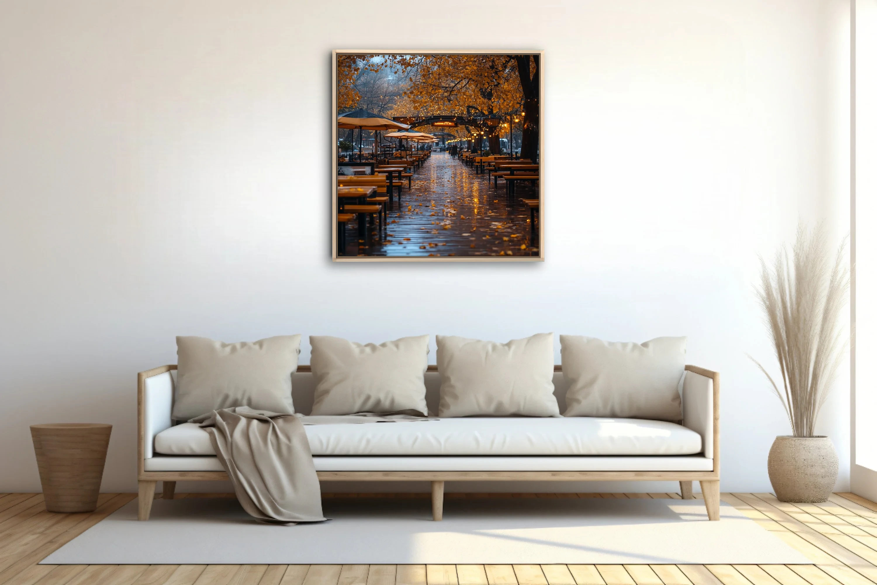 Rainy autumn evening outdoor terrace with golden foliage and warm string lights