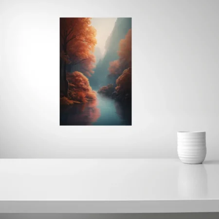 Atmospheric autumn river landscape with fiery foliage and misty blue tones