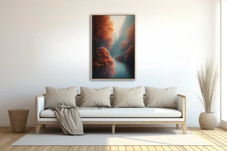 Atmospheric autumn river landscape with fiery foliage and misty blue tones
