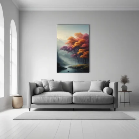 Fantasy autumn landscape painterly-style with vibrant orange violet foliage and misty mountain river