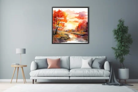 Watercolor-style autumn sunrise landscape with fiery foliage and river reflections