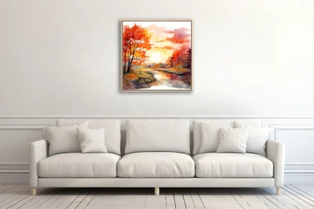 Watercolor-style autumn sunrise landscape with fiery foliage and river reflections