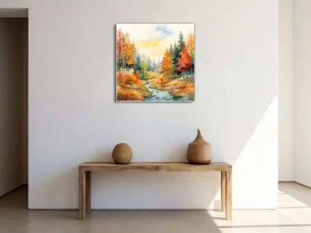 Watercolor-style autumn forest with stream, warm amber and red foliage, misty golden light