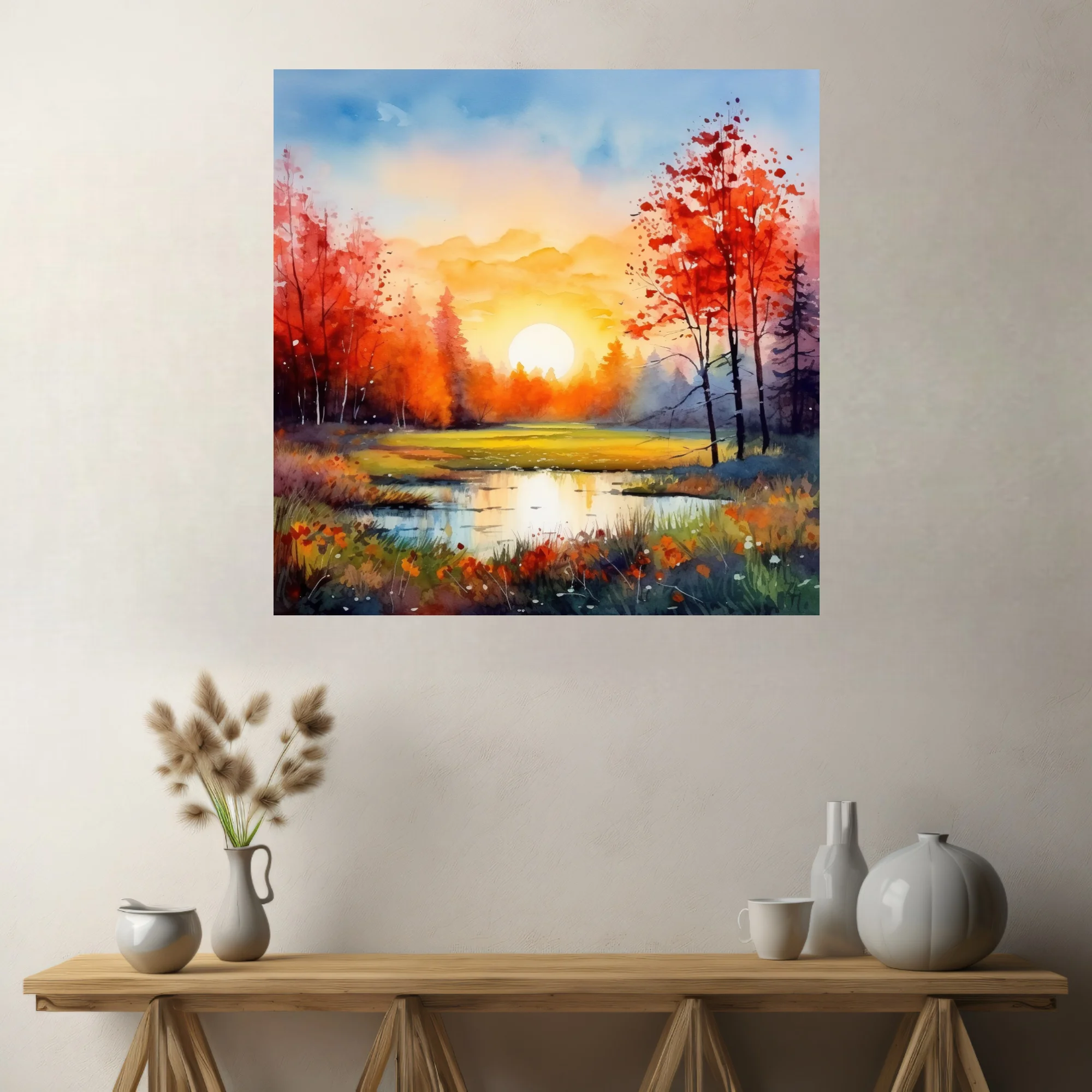 Watercolor-style autumn sunrise landscape with scarlet trees, golden sun, and reflective pond