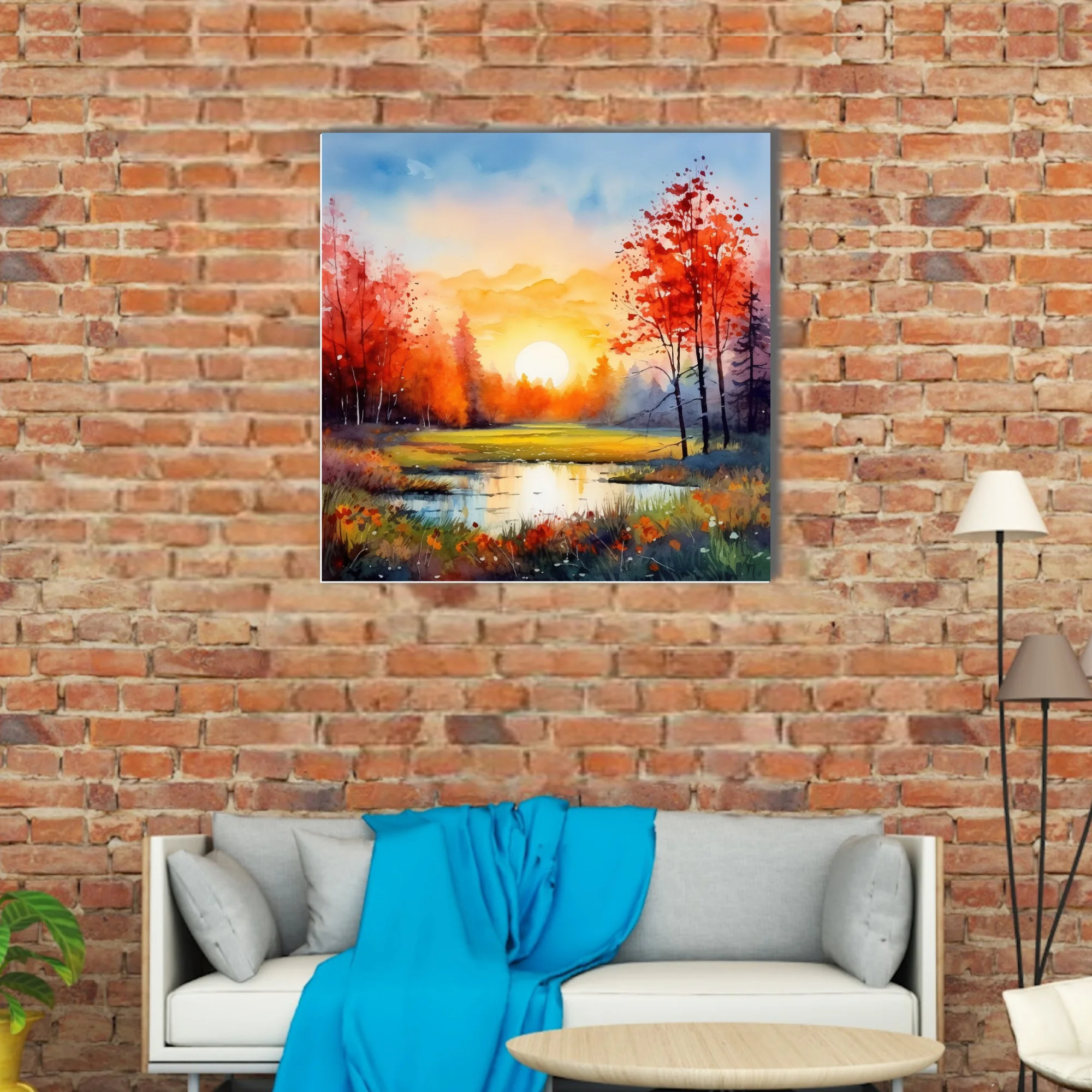 Watercolor-style autumn sunrise landscape with scarlet trees, golden sun, and reflective pond