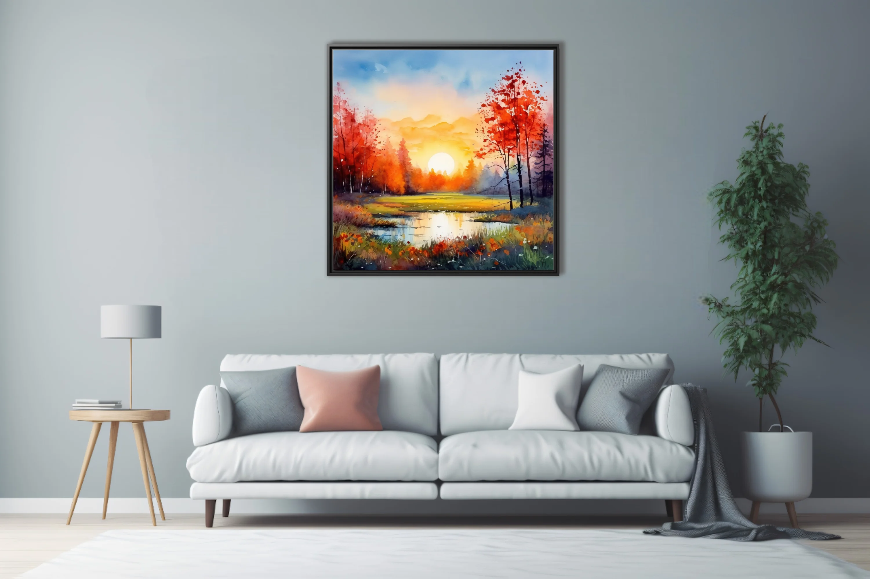 Watercolor-style autumn sunrise landscape with scarlet trees, golden sun, and reflective pond