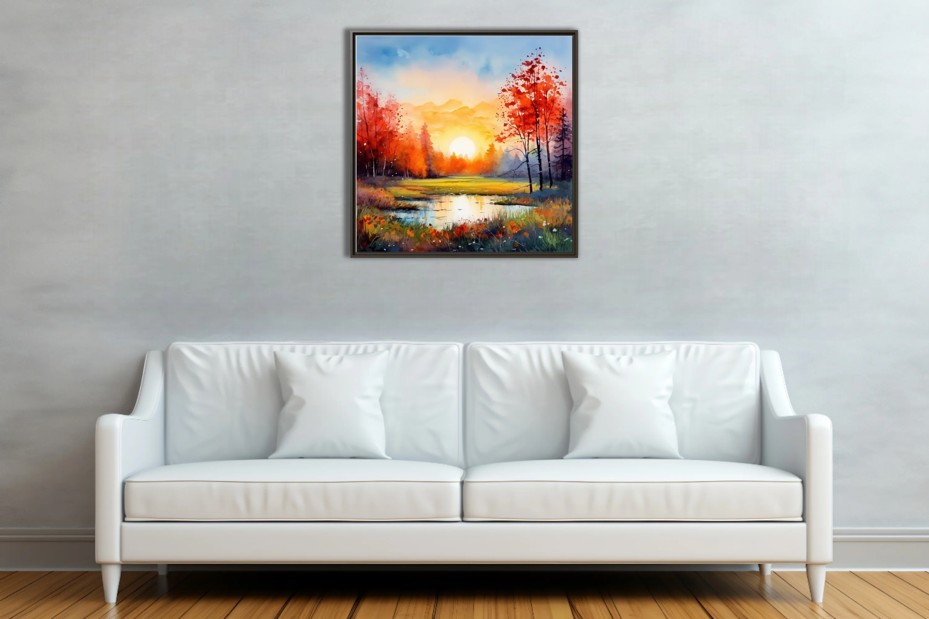 Watercolor-style autumn sunrise landscape with scarlet trees, golden sun, and reflective pond