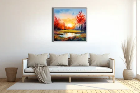 Watercolor-style autumn sunrise landscape with scarlet trees, golden sun, and reflective pond