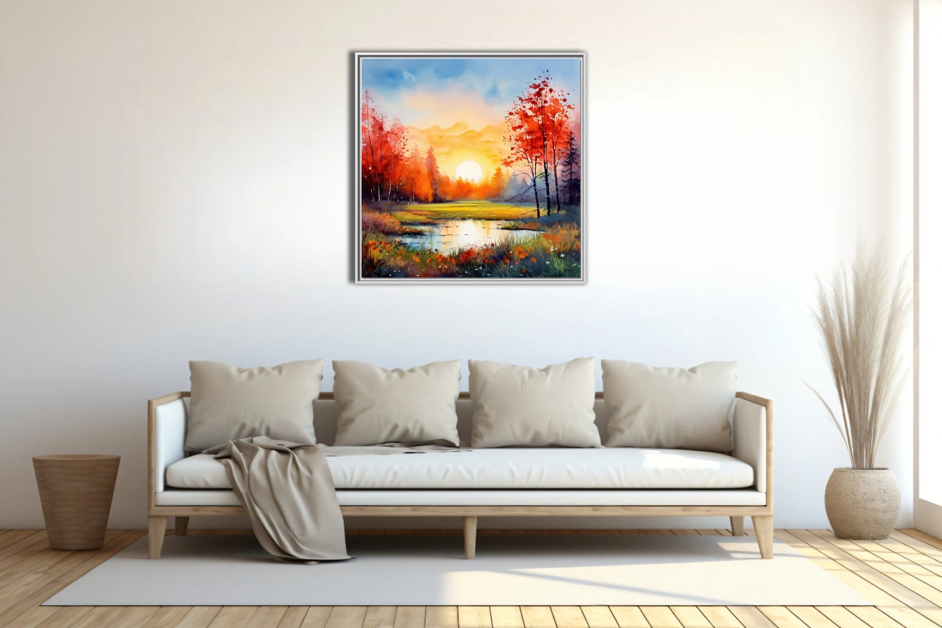 Watercolor-style autumn sunrise landscape with scarlet trees, golden sun, and reflective pond