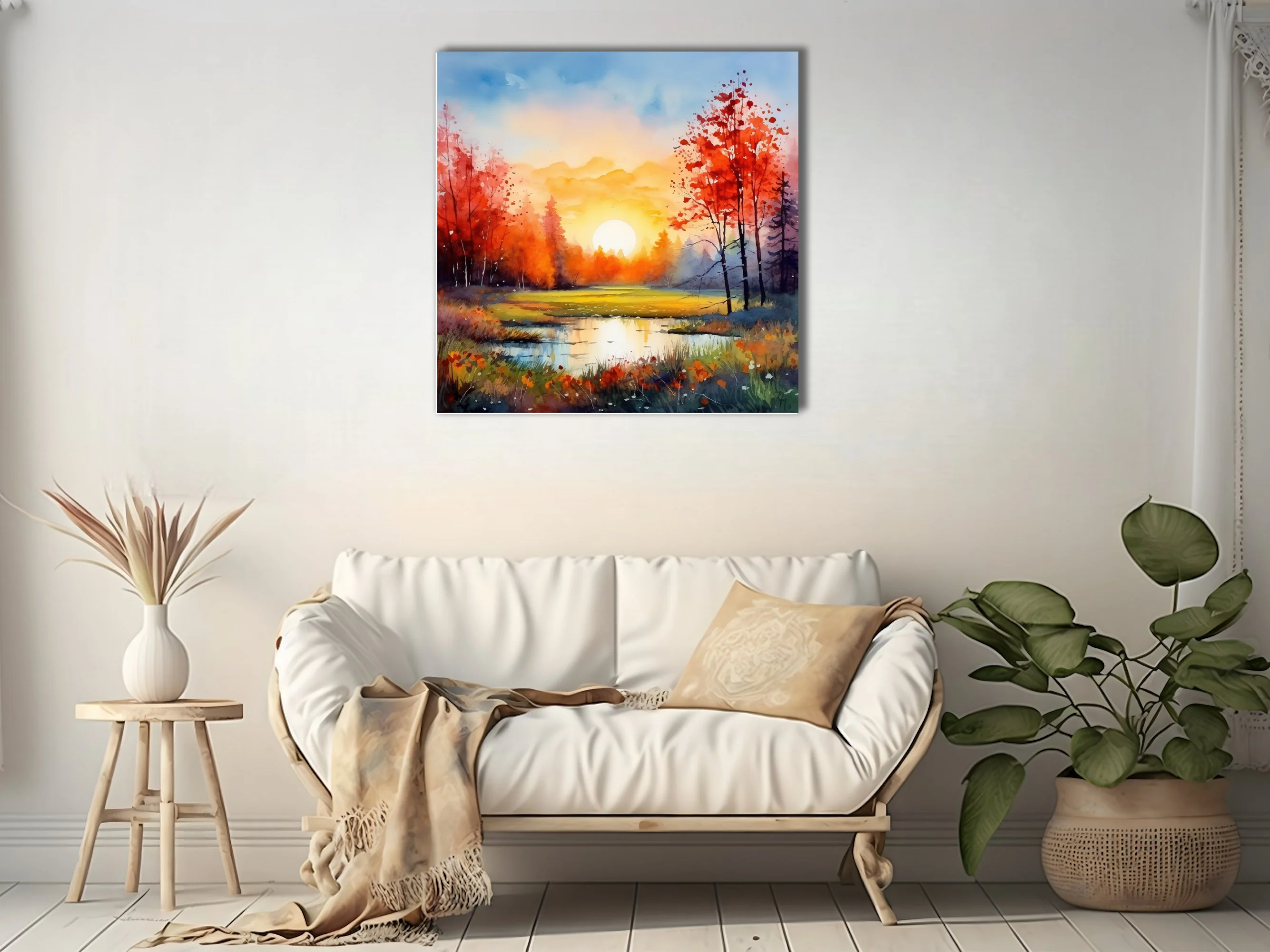 Watercolor-style autumn sunrise landscape with scarlet trees, golden sun, and reflective pond