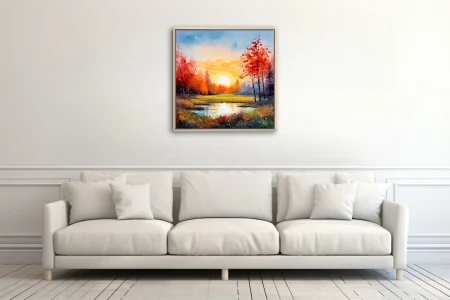 Watercolor-style autumn sunrise landscape with scarlet trees, golden sun, and reflective pond