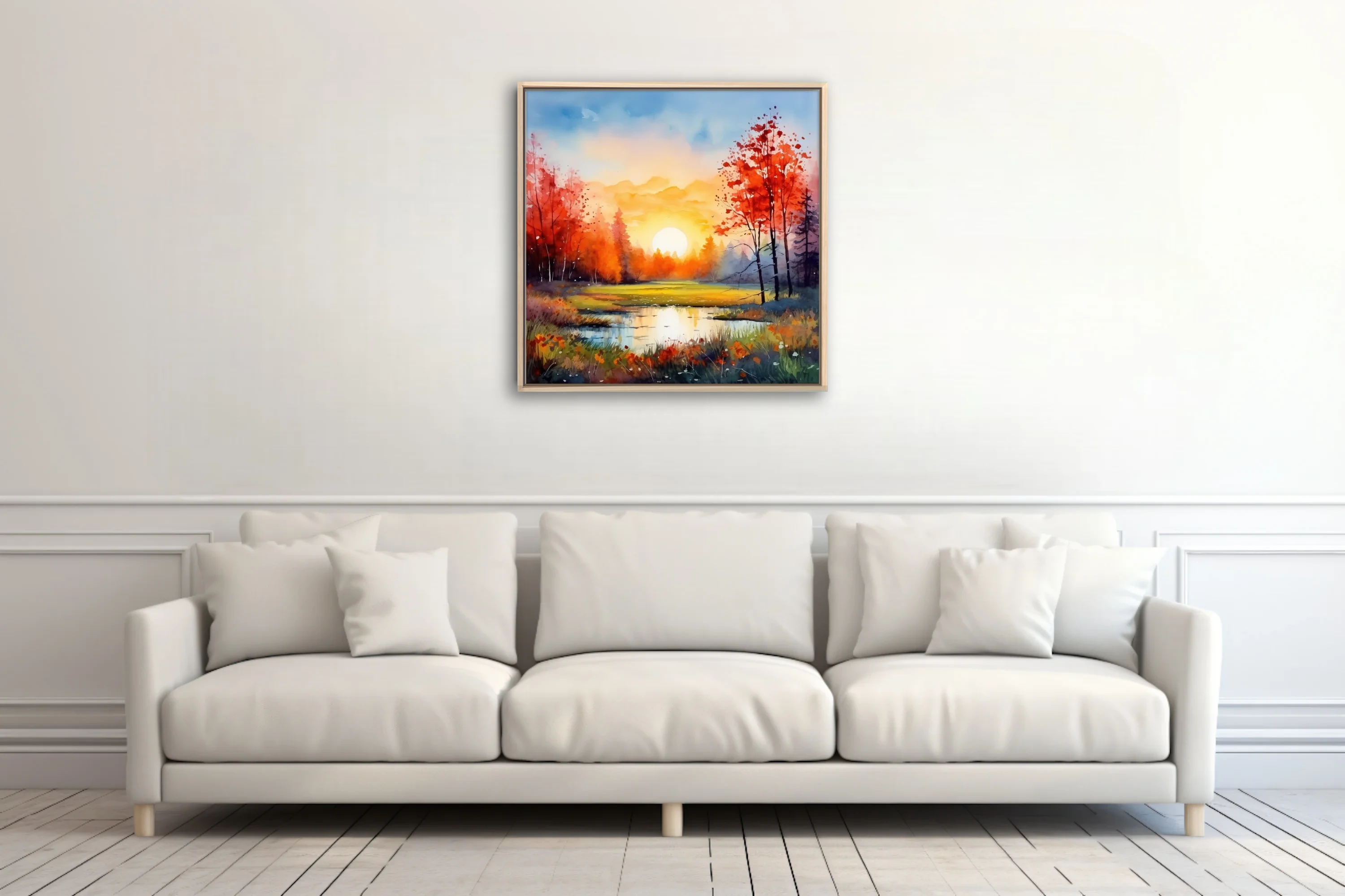 Watercolor-style autumn sunrise landscape with scarlet trees, golden sun, and reflective pond