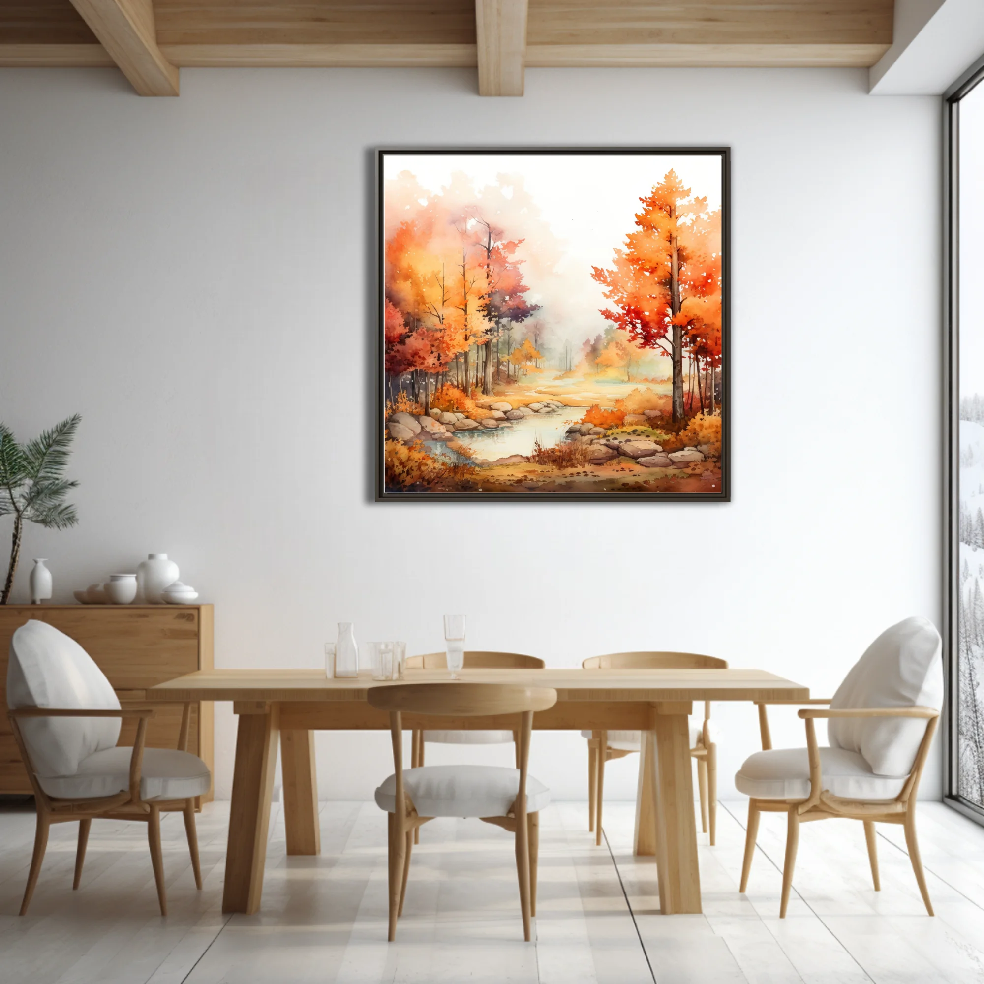 Watercolor-style autumn forest landscape with stream, fiery orange and red foliage, misty pastel mood