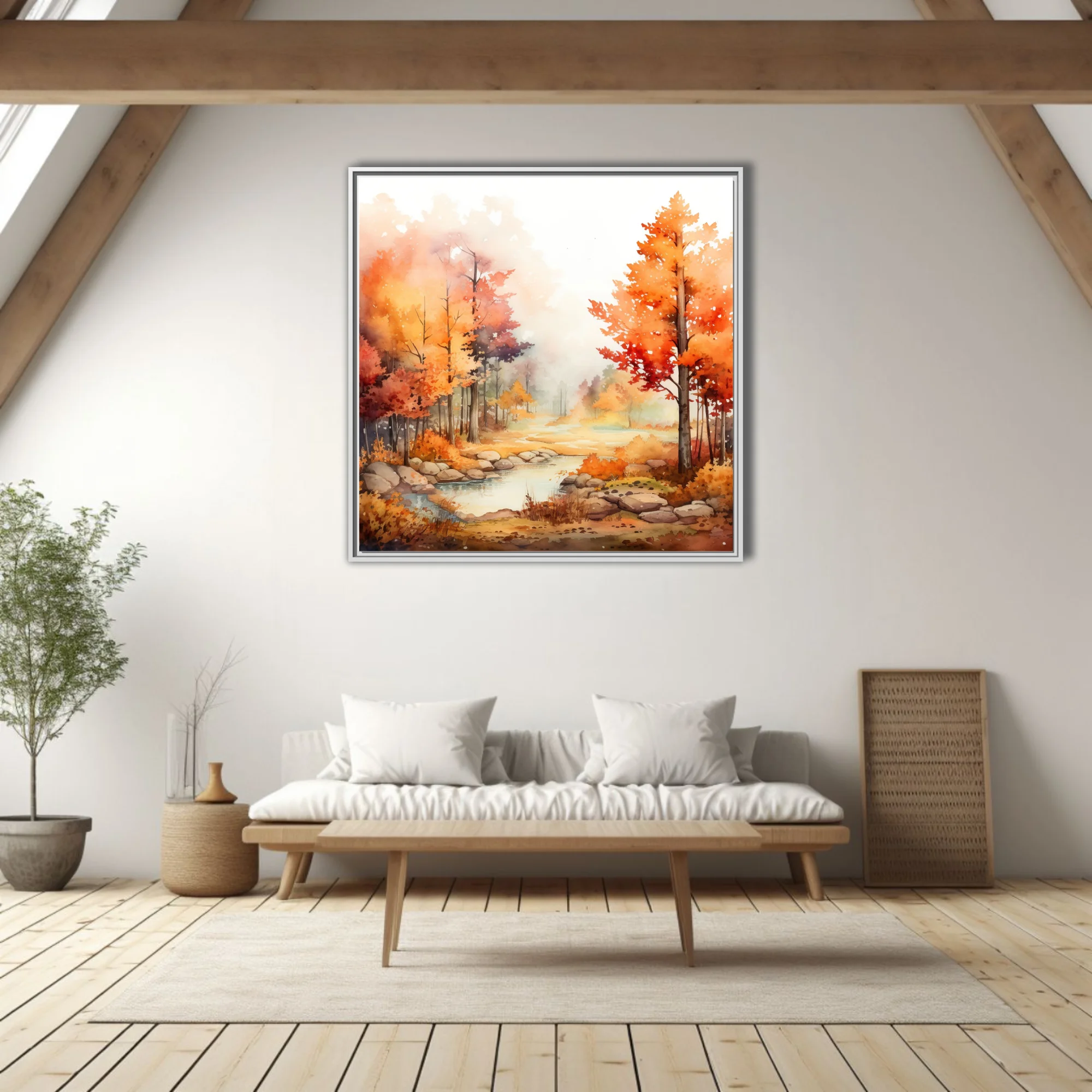 Watercolor-style autumn forest landscape with stream, fiery orange and red foliage, misty pastel mood