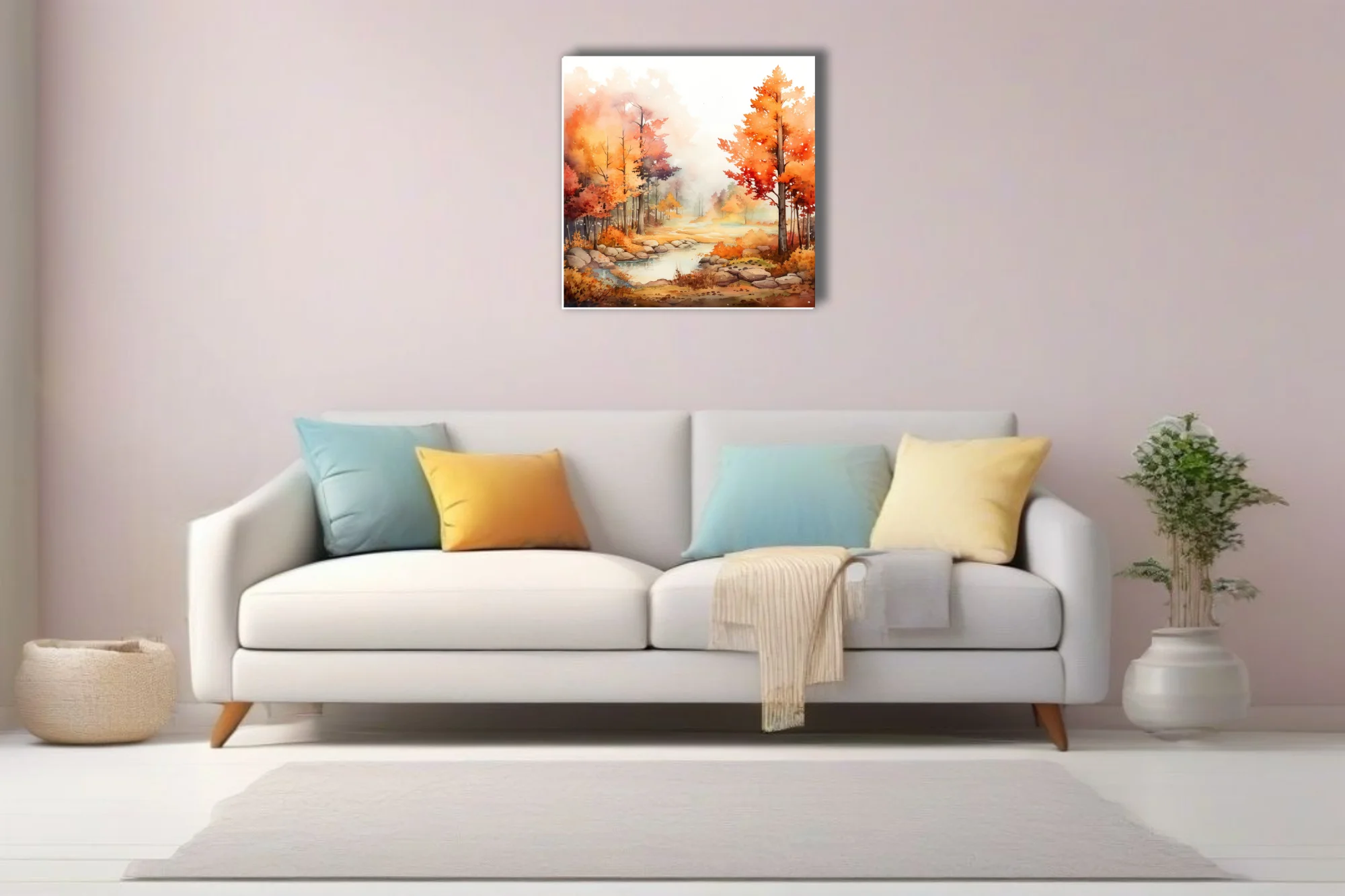Watercolor-style autumn forest landscape with stream, fiery orange and red foliage, misty pastel mood