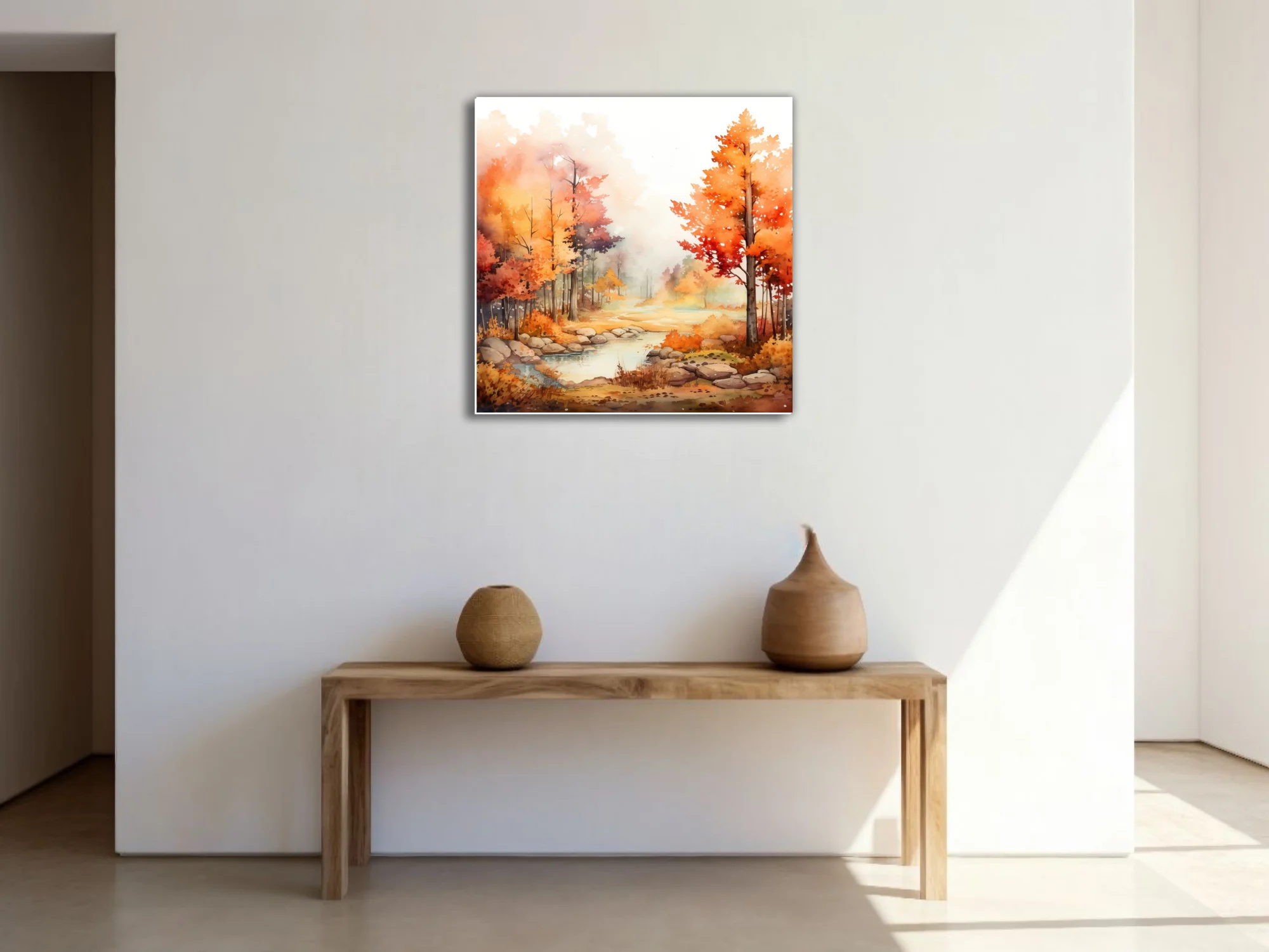 Watercolor-style autumn forest landscape with stream, fiery orange and red foliage, misty pastel mood