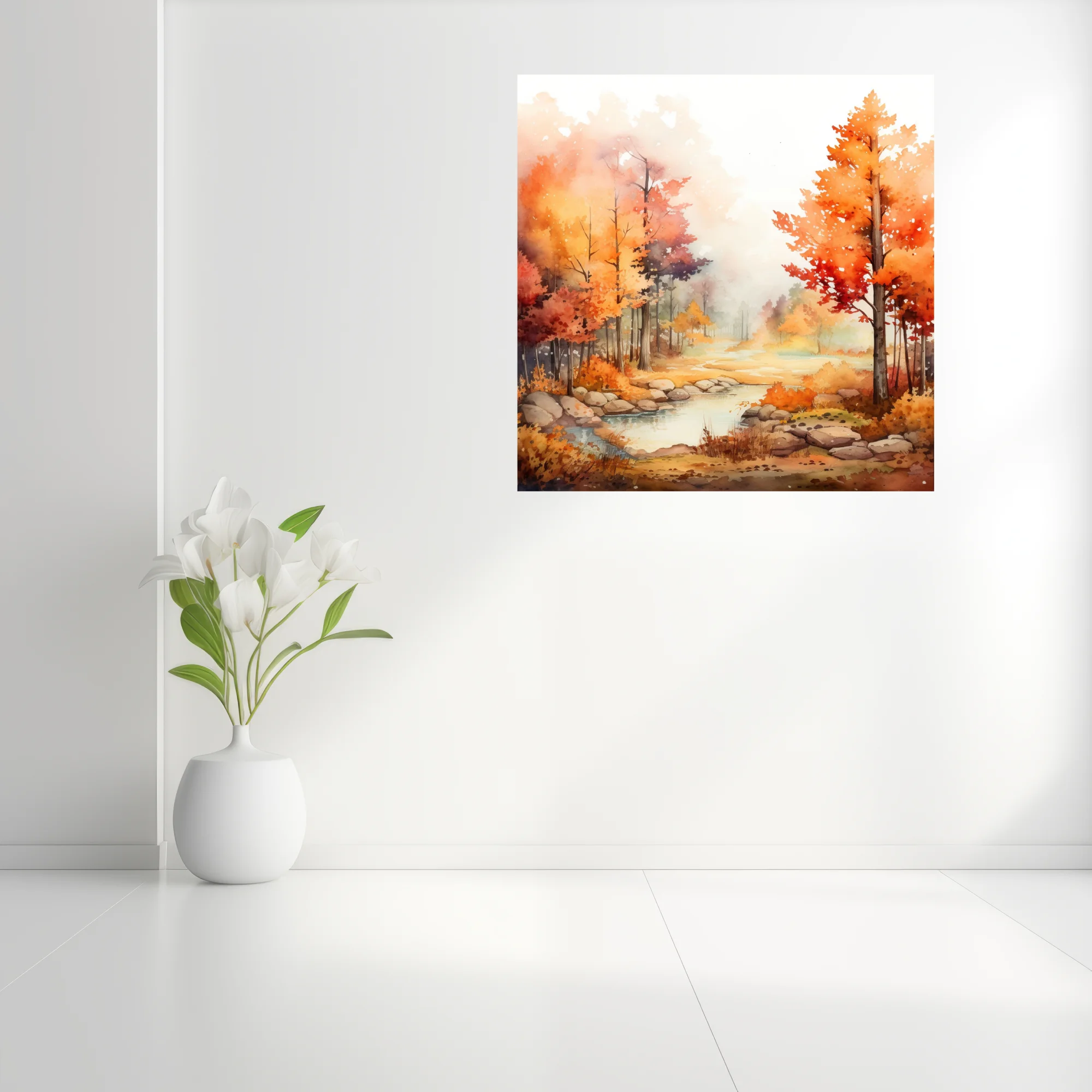 Watercolor-style autumn forest landscape with stream, fiery orange and red foliage, misty pastel mood